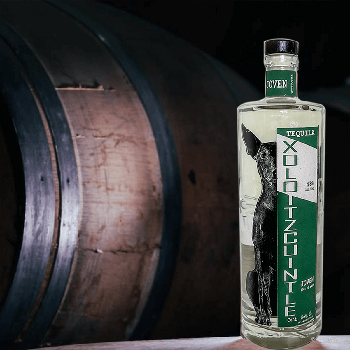 Xoloitzcuintle Joven Tequila 1L bottle with 48% ABV against a wooden barrel background.