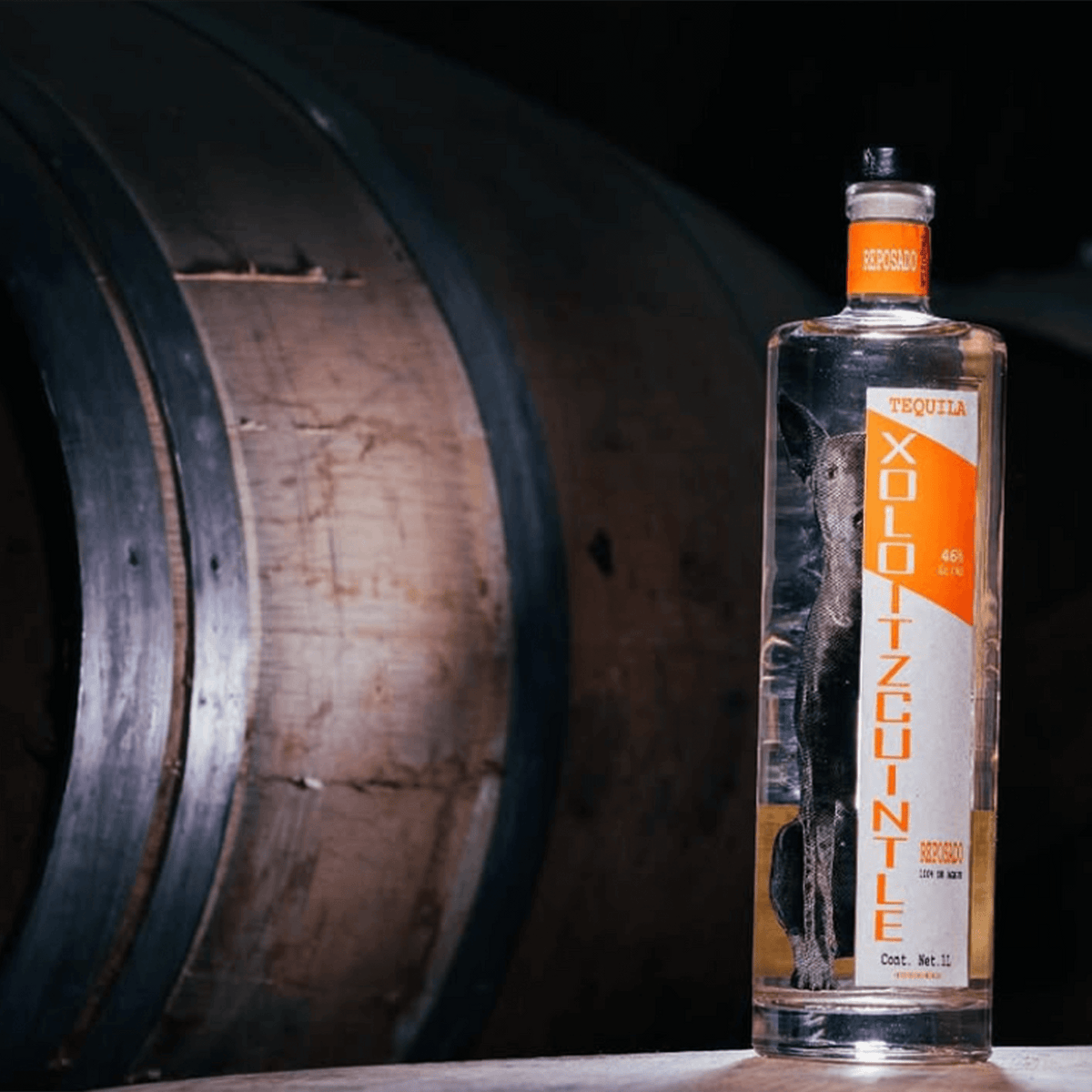 Xoloitzcuintle Reposado Tequila, 1L bottle, aged 3 months, against oak barrels, showcasing citrus and herb flavors.
