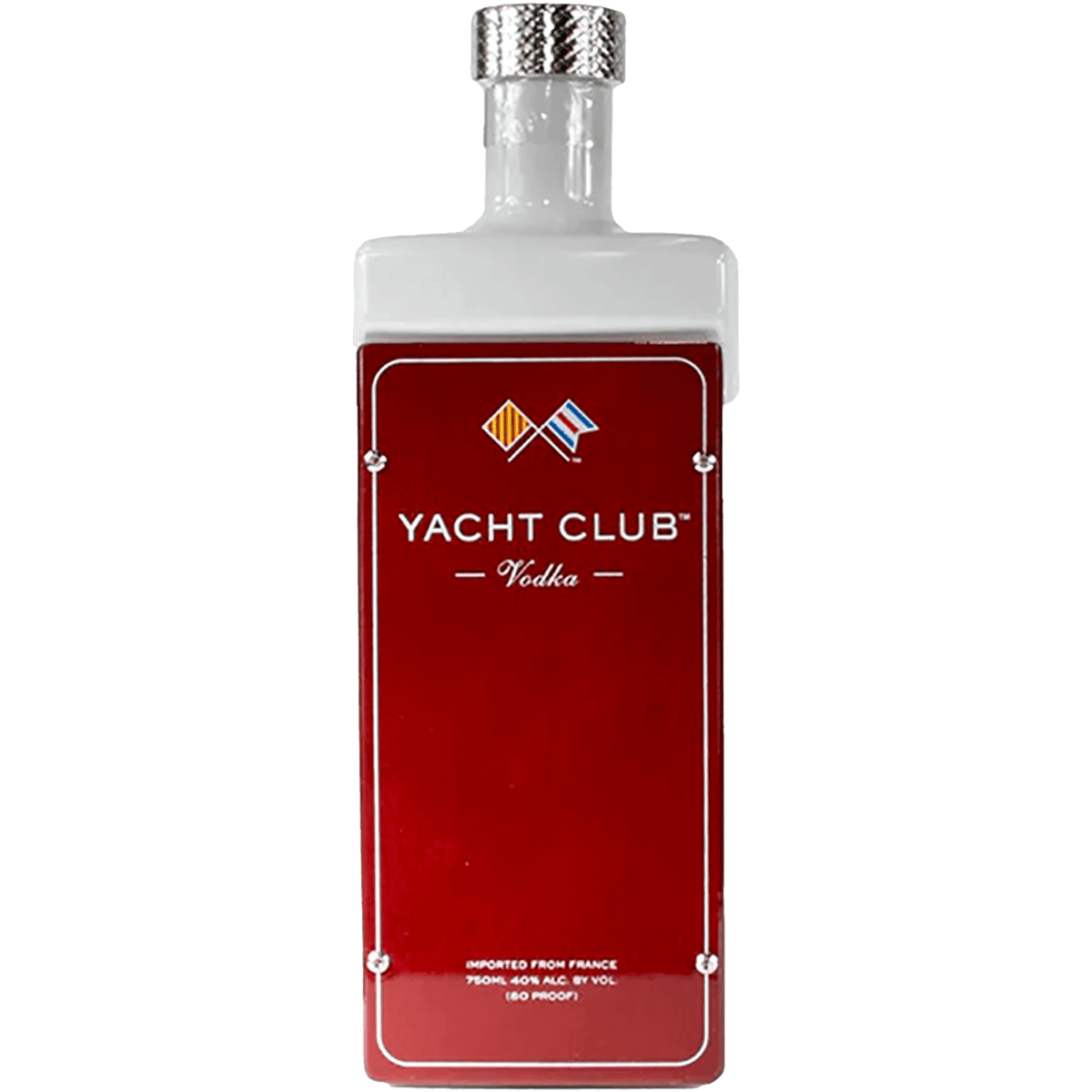 Yacht Club Vodka bottle, ultra-premium spirit with a sleek design, 100 proof, imported from France.