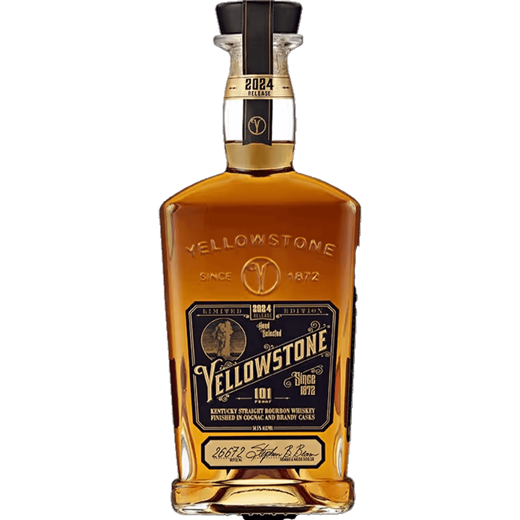 Yellowstone Limited Edition 2024 Kentucky Straight Bourbon Whiskey bottle, 101 proof, double-finished in brandy and cognac casks.