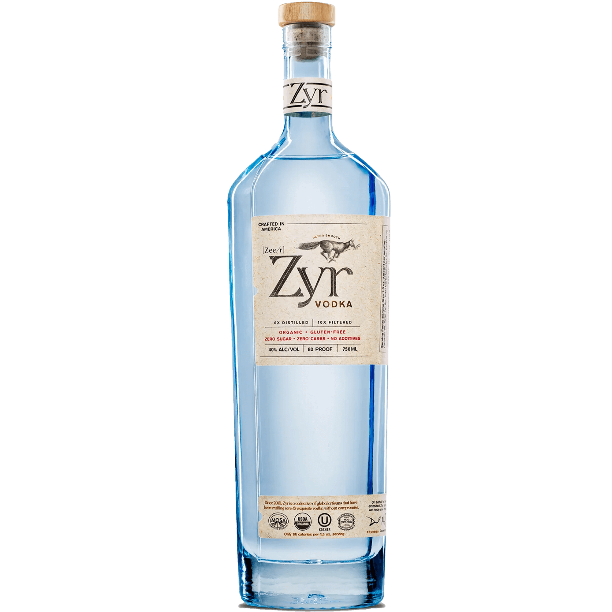 Zyr Organic Vodka bottle, ultra clean, gluten-free, notes of butterscotch and black peppercorn, 80 proof.