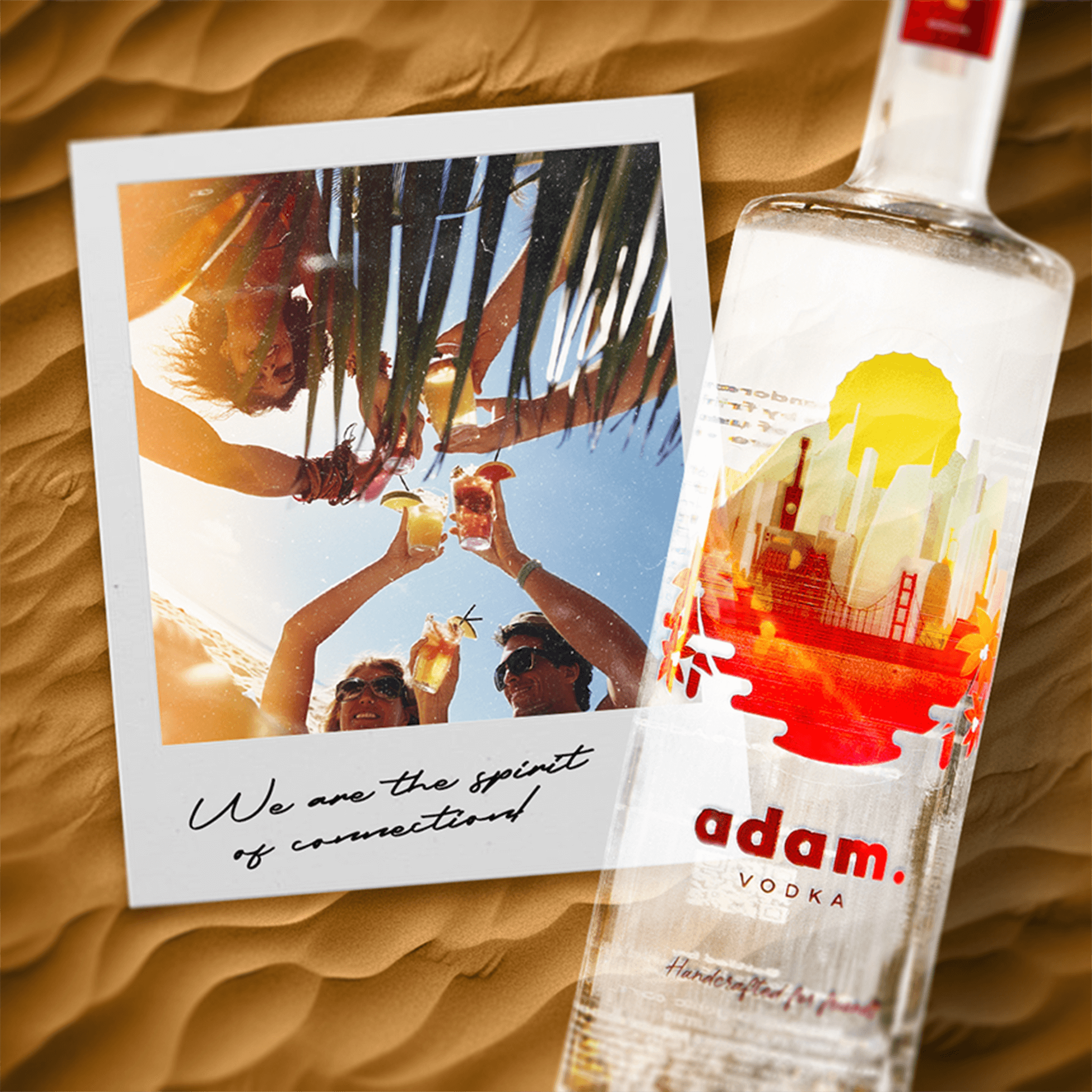 Bottle of Adam Vodka next to a beach photo celebrating connection, symbolizing craft cocktails and premium quality.