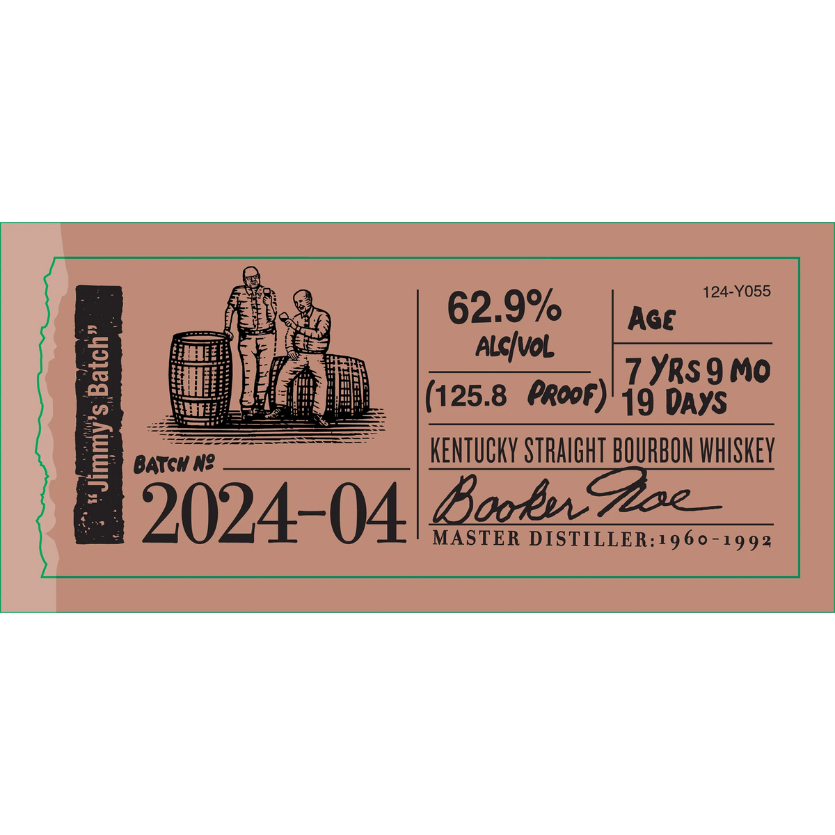 Label for Booker's Jimmy's Batch 2024-04 Kentucky Straight Bourbon detailing proof, age, and master distiller.