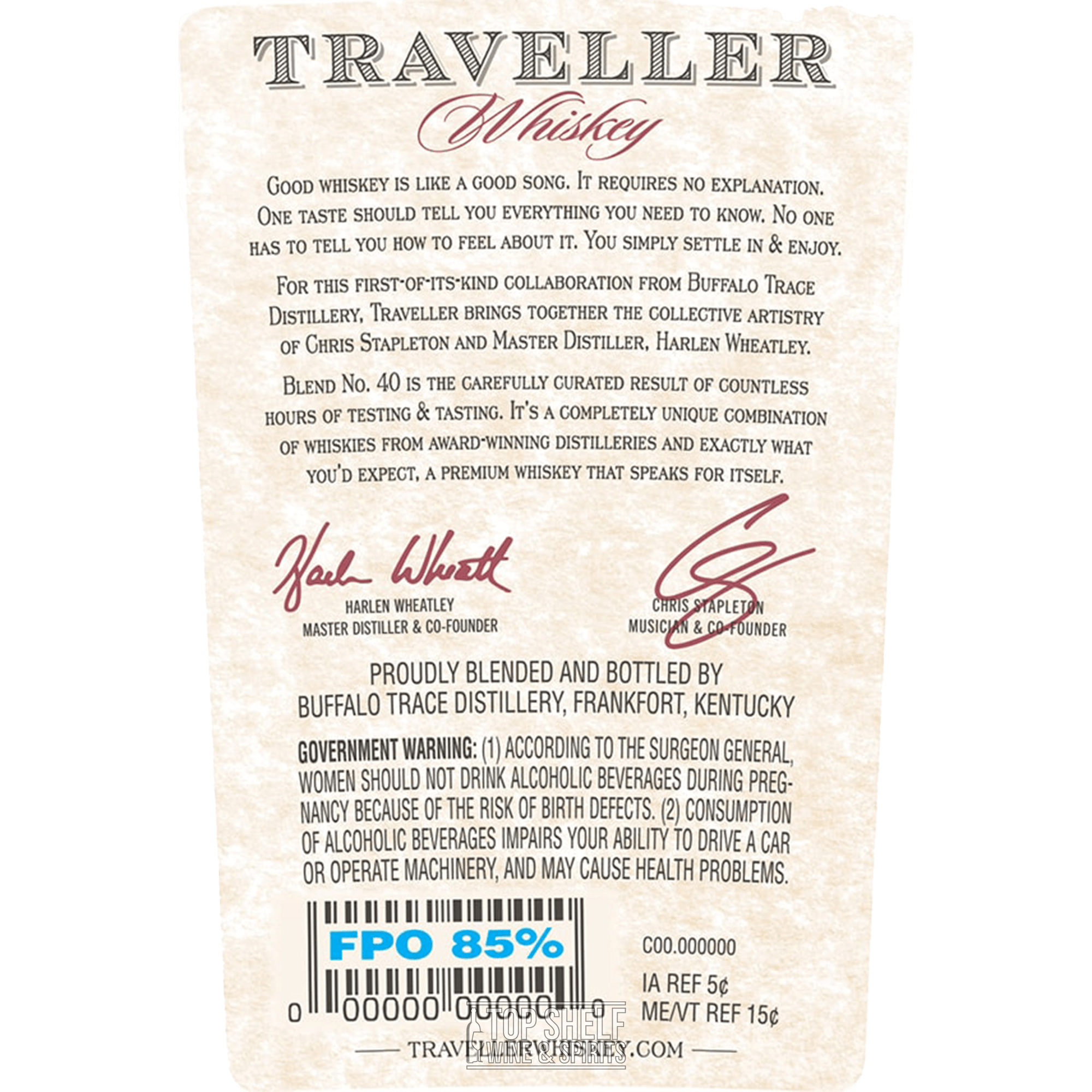 Back label of Traveller Whiskey Blend No. 40, featuring Chris Stapleton and Buffalo Trace Distillery details.