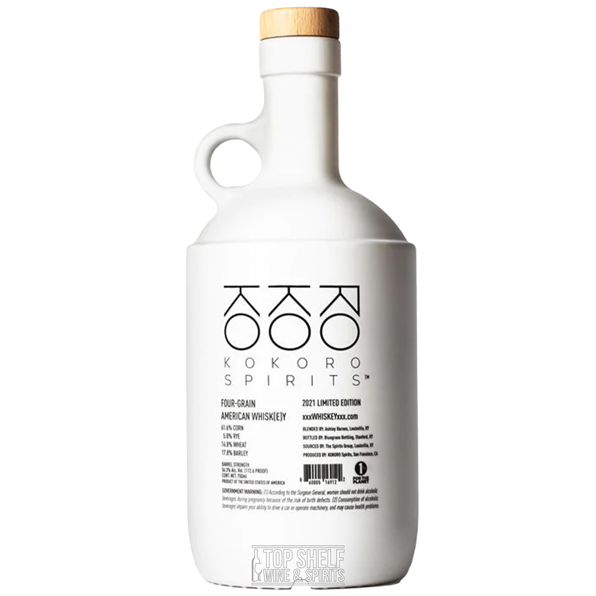 Kokoro Spirits Four-Grain American Whiskey bottle with cork top, showcasing sleek design and branding.