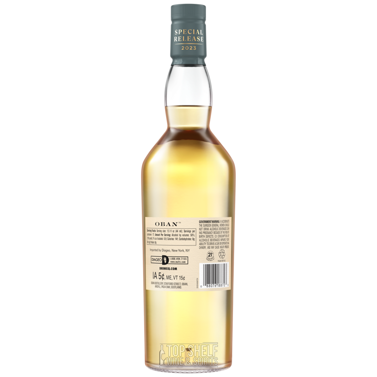 Oban 11 Year Special Release 2023 Single Malt Scotch Whisky bottle back view with detailed label.