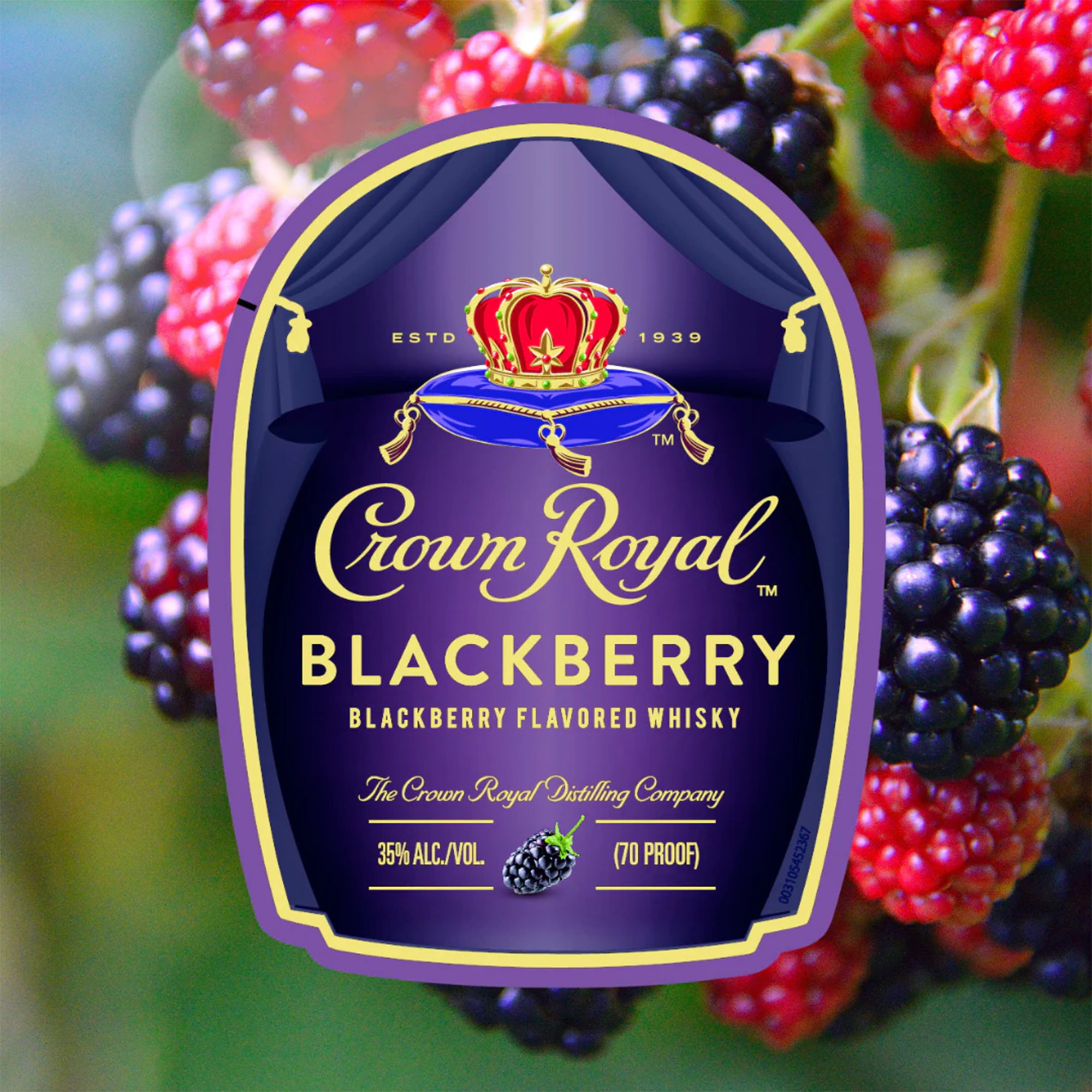 Crown Royal Blackberry Flavored Whisky label with blackberries in the background, showcasing summer flavor.