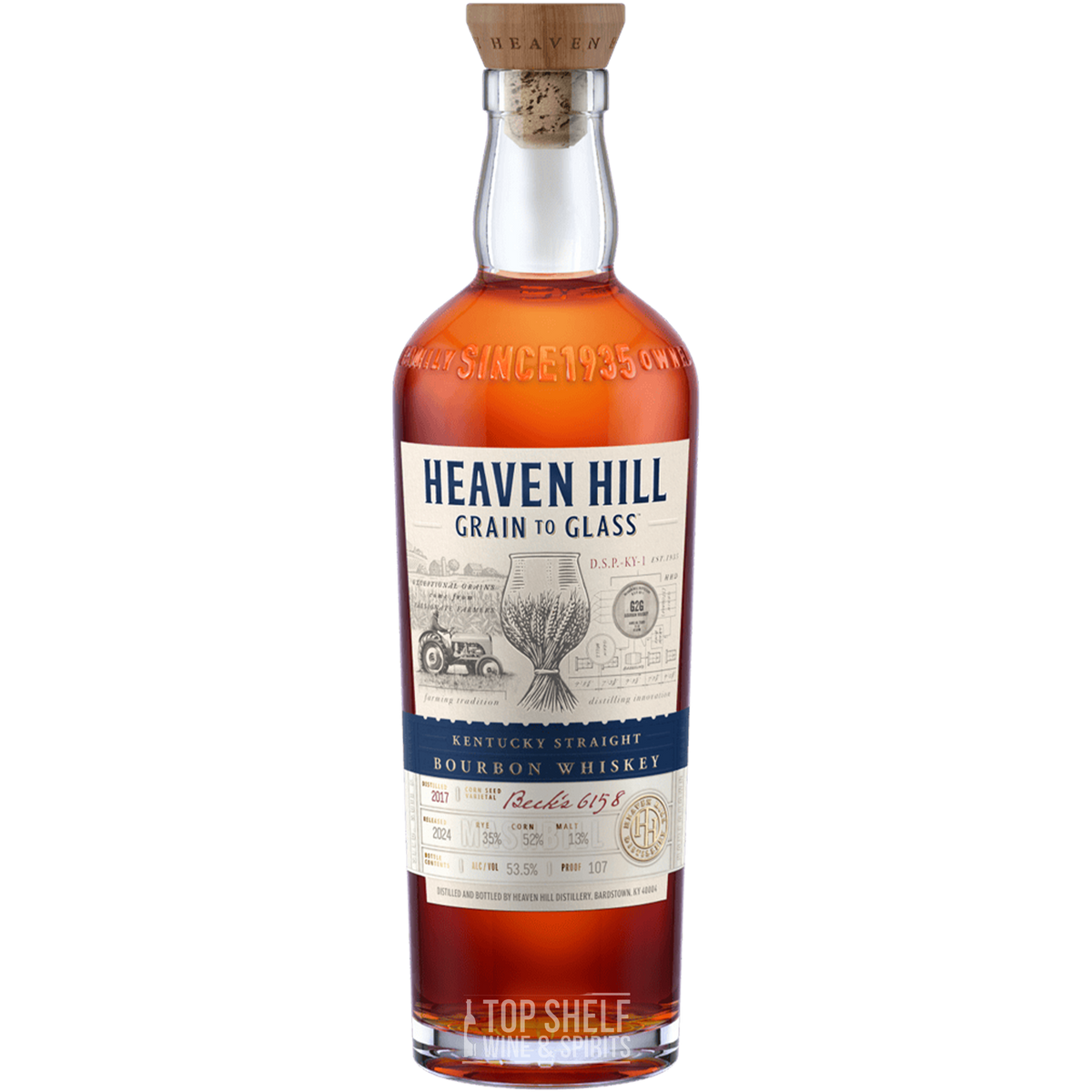 Heaven Hill Grain to Glass Straight Bourbon bottle, 6 years old, 107 proof, showcasing unique corn varietal label.