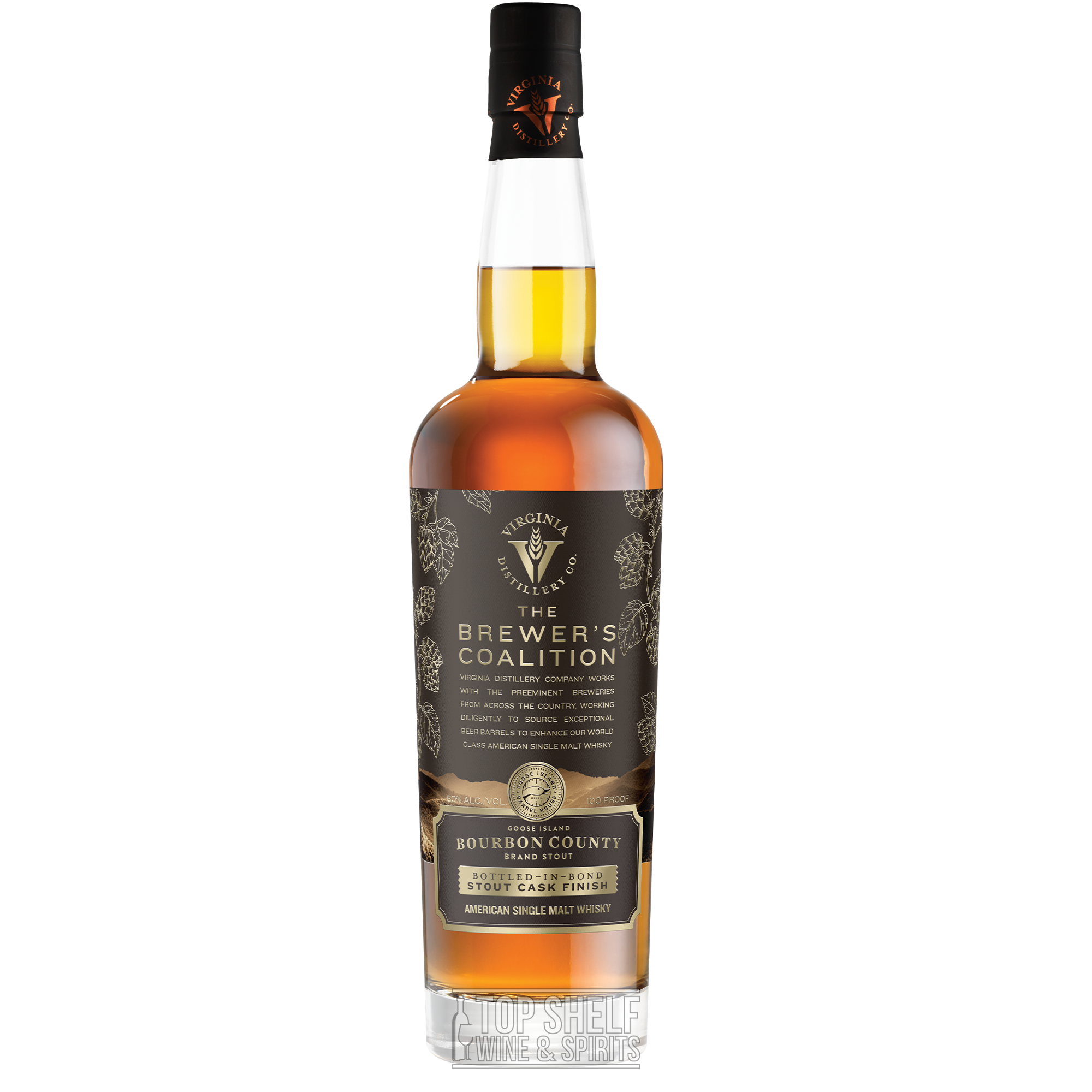 Virginia Distilling Bourbon County Stout Cask Brewer's Coalition Single Malt Whiskey bottle with elegant label.