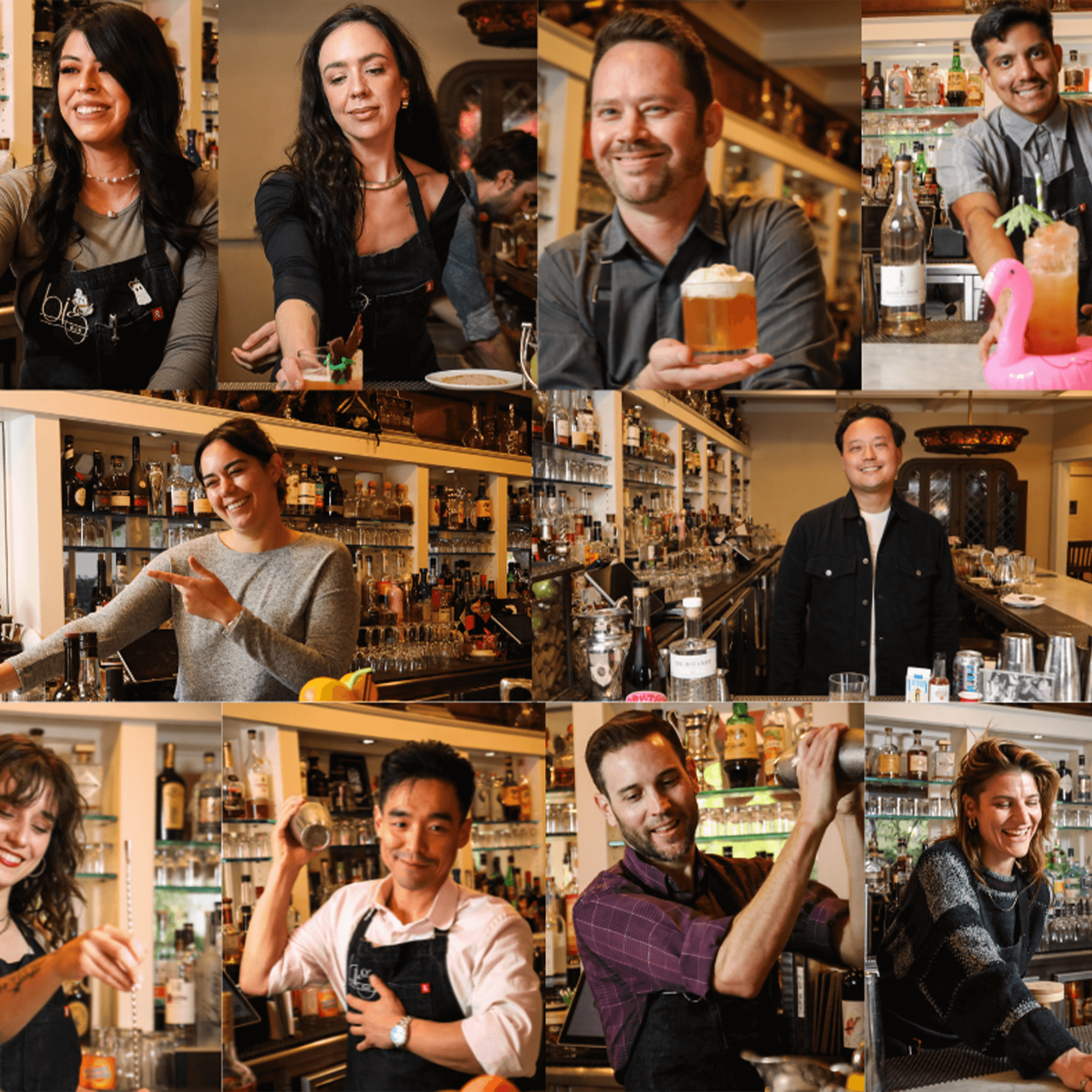 Bartenders crafting cocktails at a vibrant bar, showcasing skill and creativity in mixology.