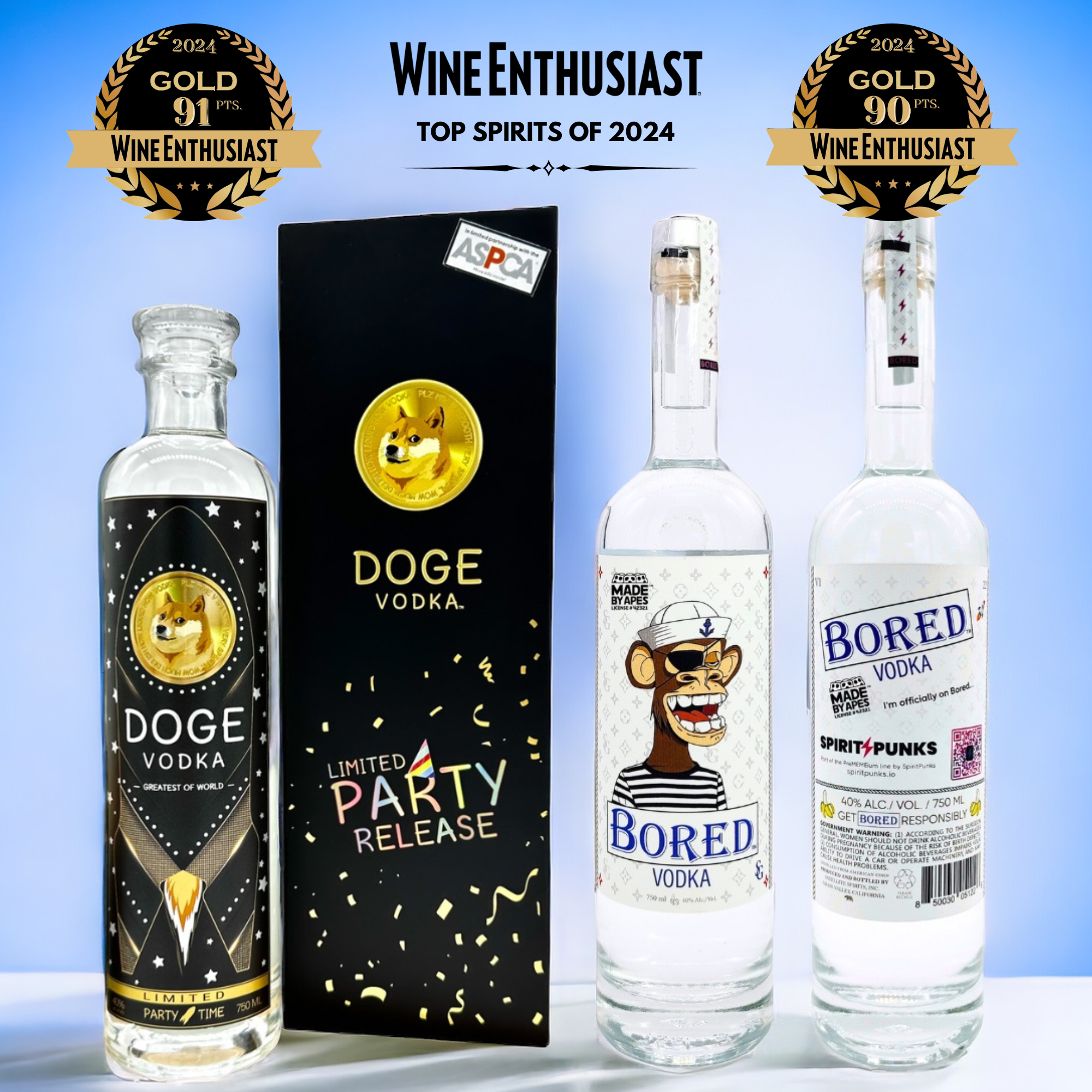 Doge Vodka and Bored Vodka bottles featured in Wine Enthusiast's Top Spirits of 2024 collection.