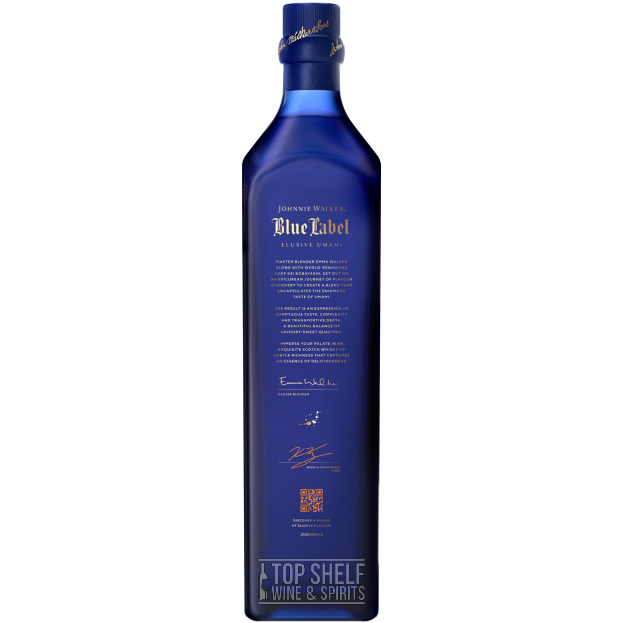 Limited Edition Johnnie Walker Blue Label Elusive Umami Scotch Whisky bottle showcasing unique blue packaging.