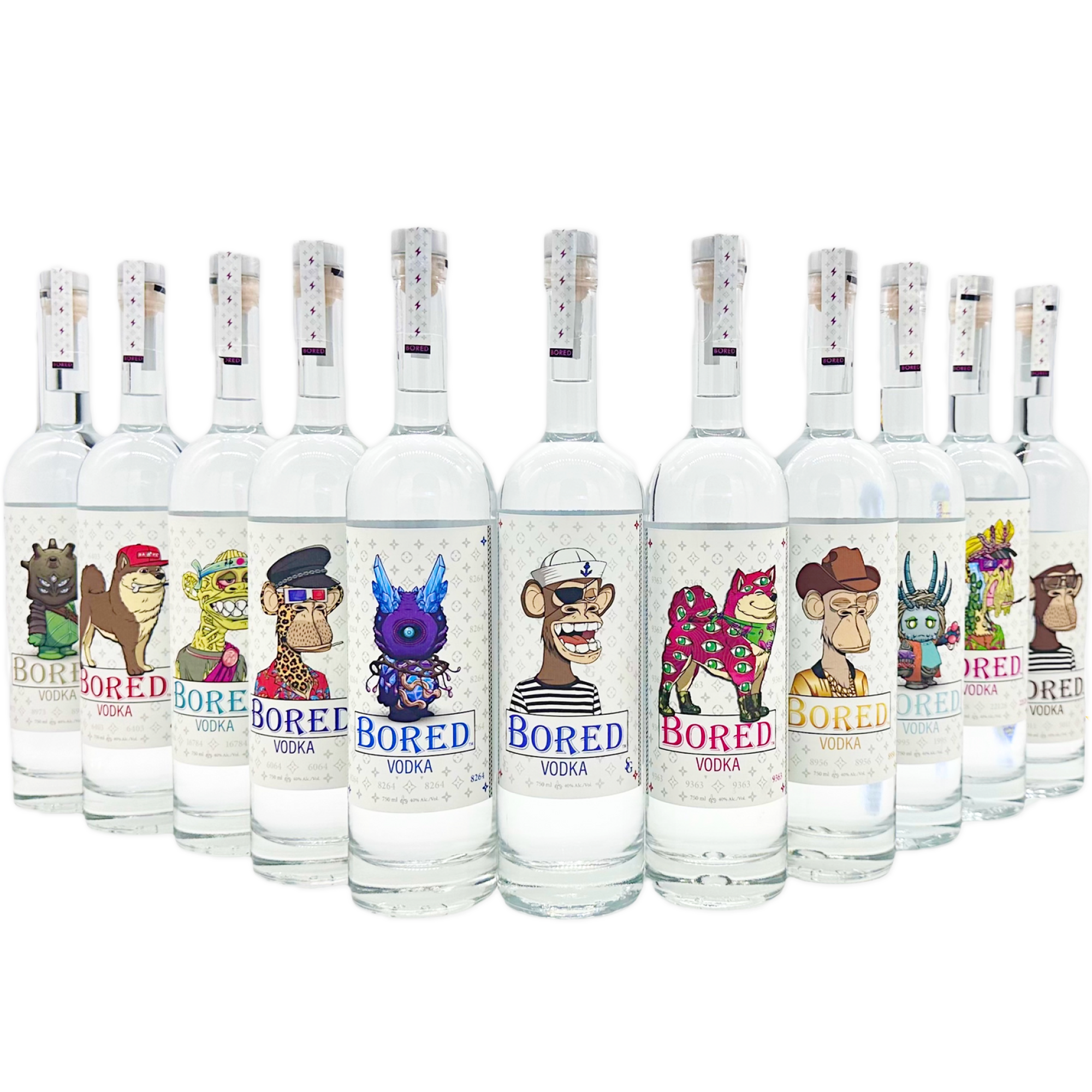 Bored Vodka Combo Pack featuring unique art from Bored Ape Yacht Club on 12 craft vodka bottles.