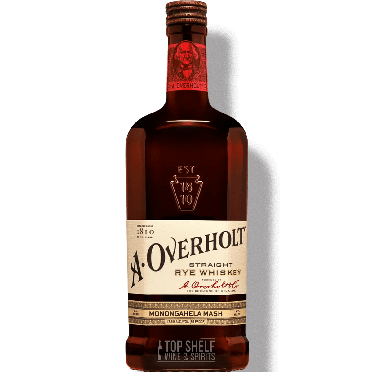 A. Overholt 4 Year Straight Rye Whiskey bottle with Monongahela Mash heritage, showcasing American whiskey tradition.