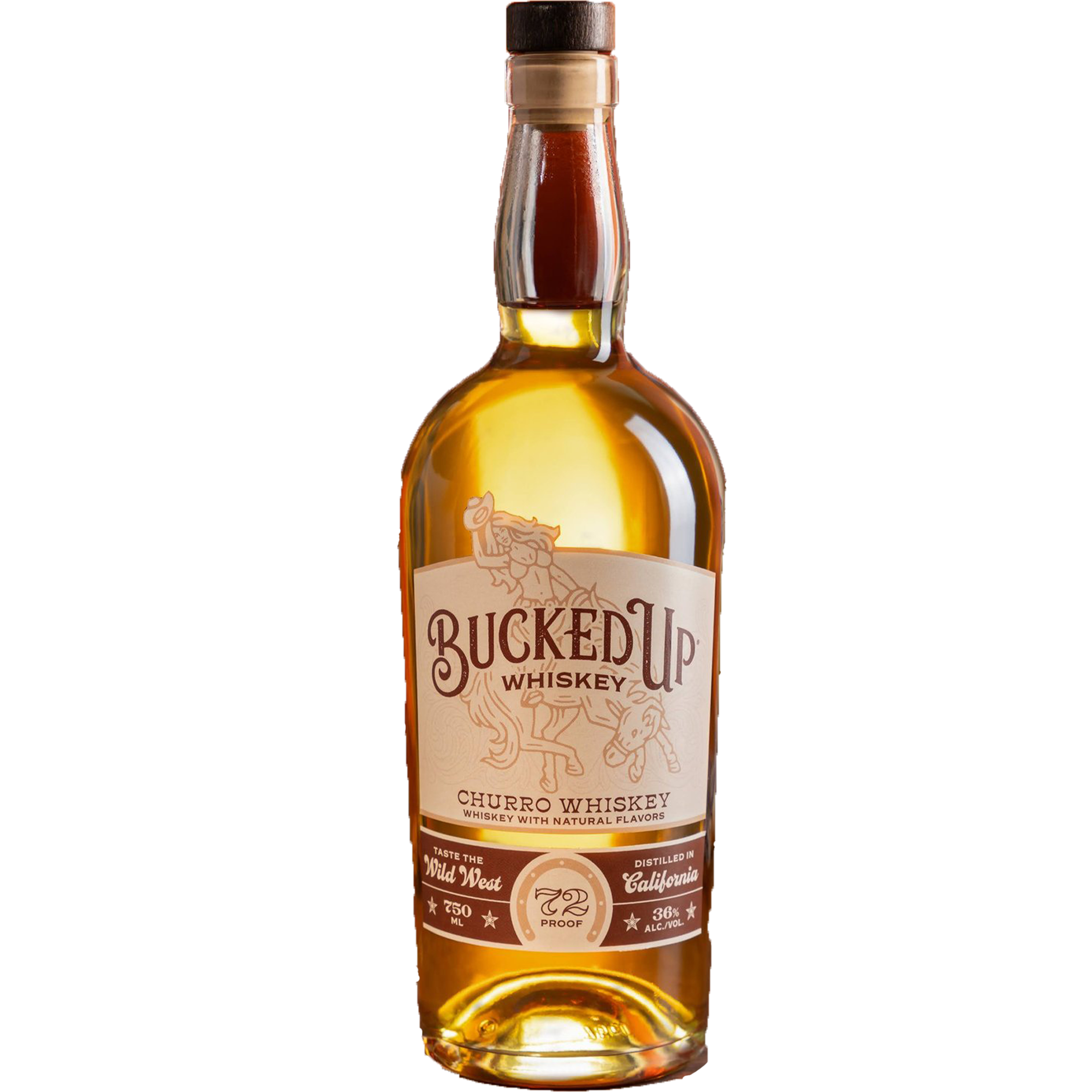 Bucked Up Churro Whiskey bottle with natural flavors of sweet cinnamon and sugar, proudly distilled in California.