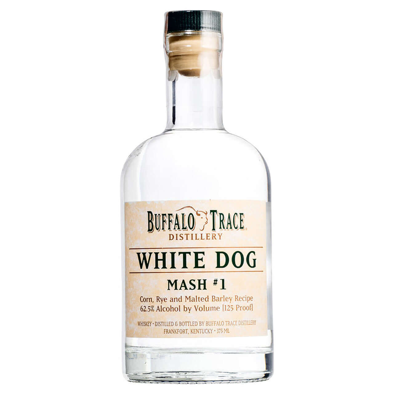 Buffalo Trace White Dog Mash 375ml bottle showcasing clear un-aged whiskey with sweet corn notes.