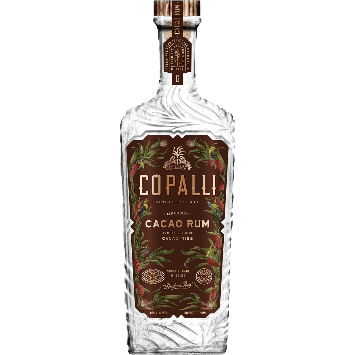 Copalli Cacao Belizean Rum bottle with organic cacao nibs infusion, showcasing rich chocolate flavor and premium quality.
