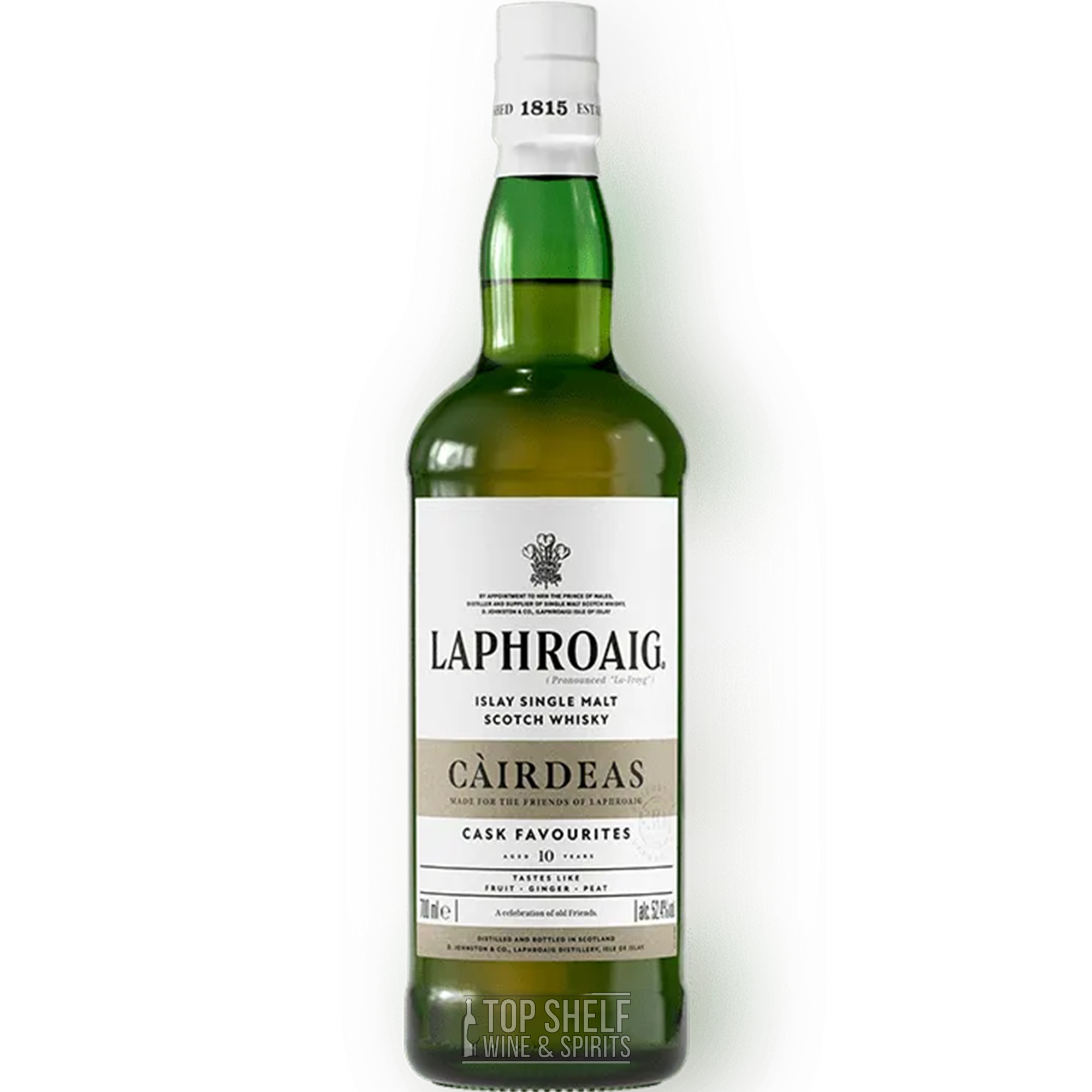 Laphroaig Cairdeas 2024 Cask Favourites Single Malt Scotch whisky bottle on display.