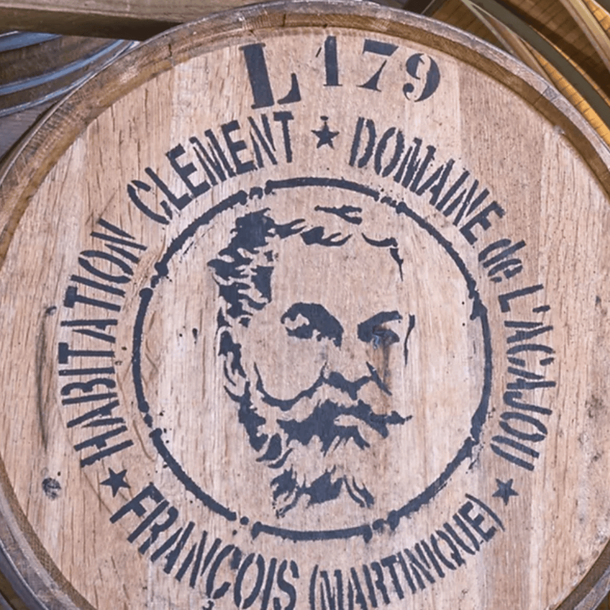 Wooden barrel marked with Habitation Clement branding and image of Francois, from Martinique.