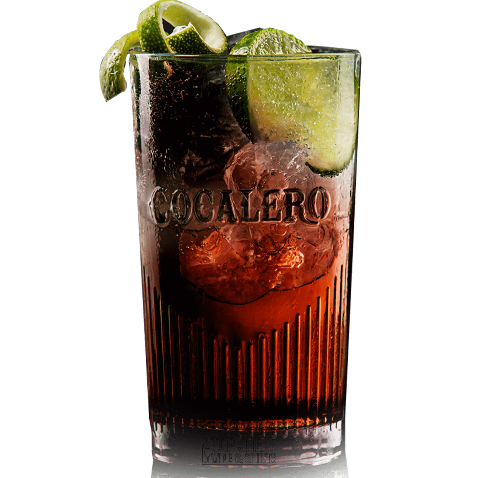 Chilled Cocalero Picante liqueur cocktail topped with lime slices in a glass.