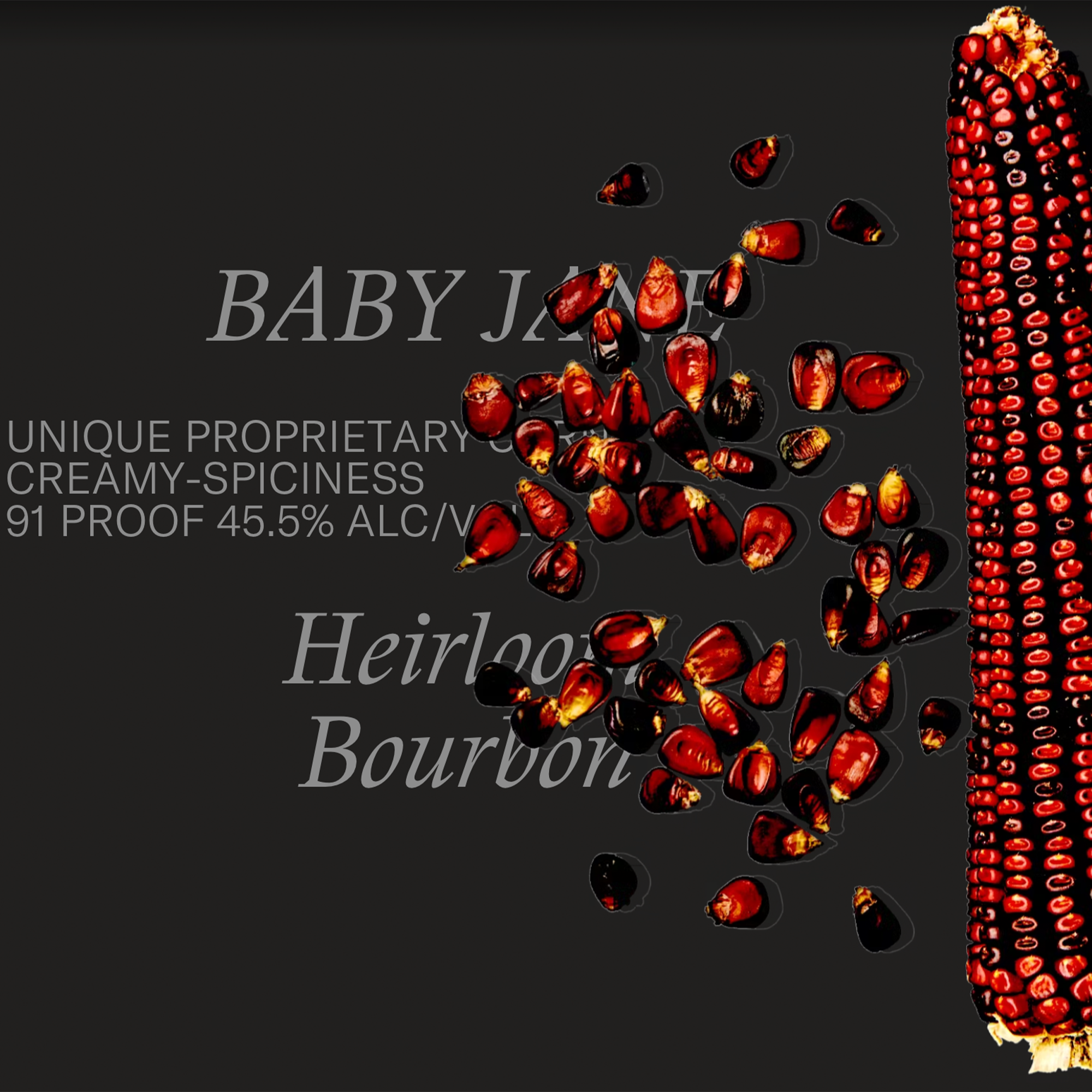 Widow Jane Baby Jane Heirloom Corn Bourbon featuring heirloom corn and kernels showcasing unique flavors.