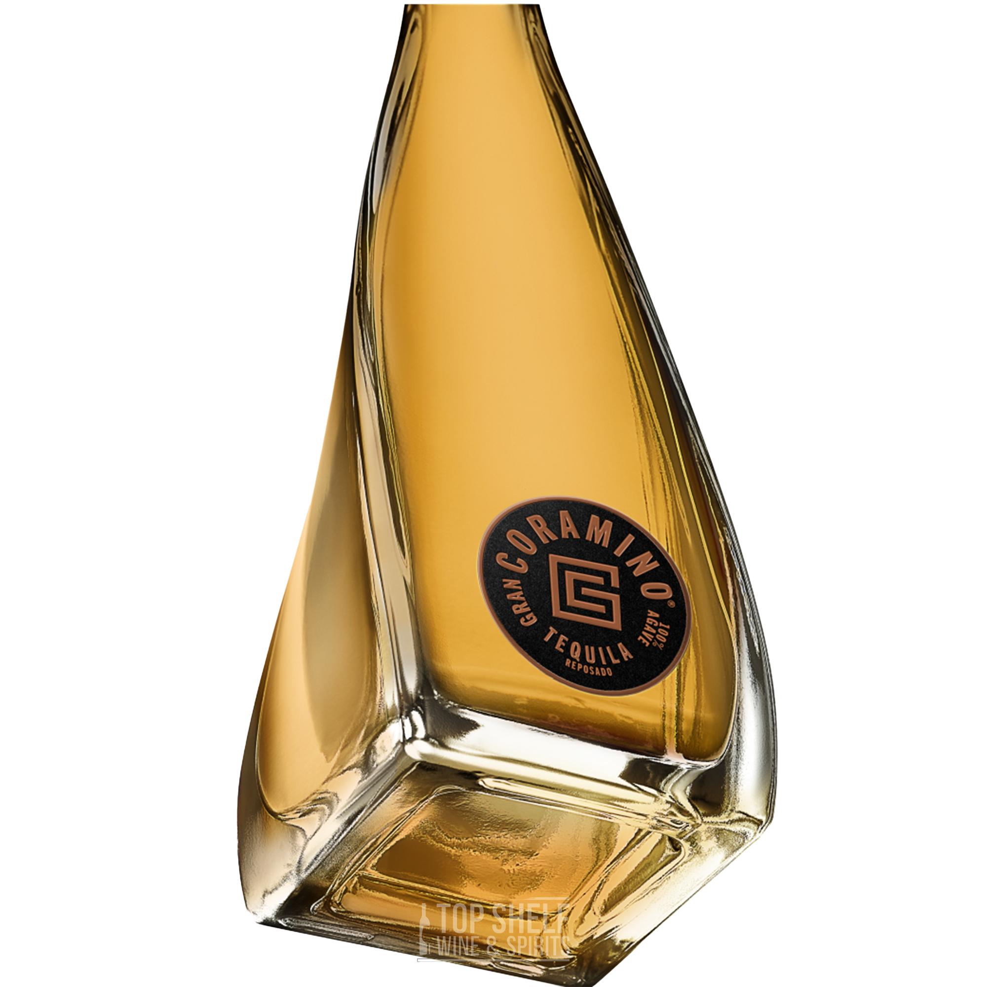 Gran Coramino Reposado Tequila bottle with a golden honey color and unique design, aged in oak barrels for added richness.
