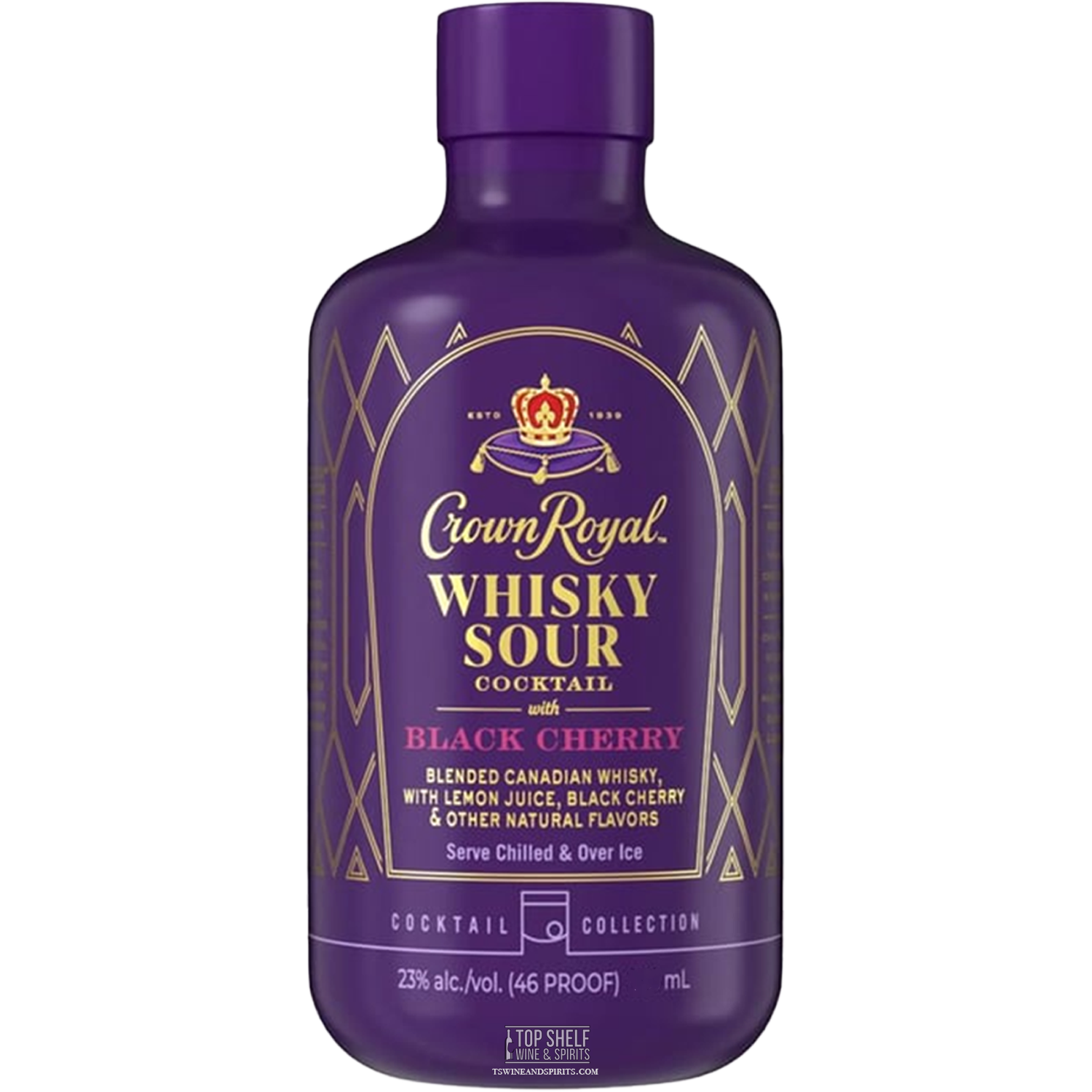 Crown Royal Whisky Sour Cocktail with Black Cherry, ready-to-serve drink in 750mL bottle for home enjoyment.