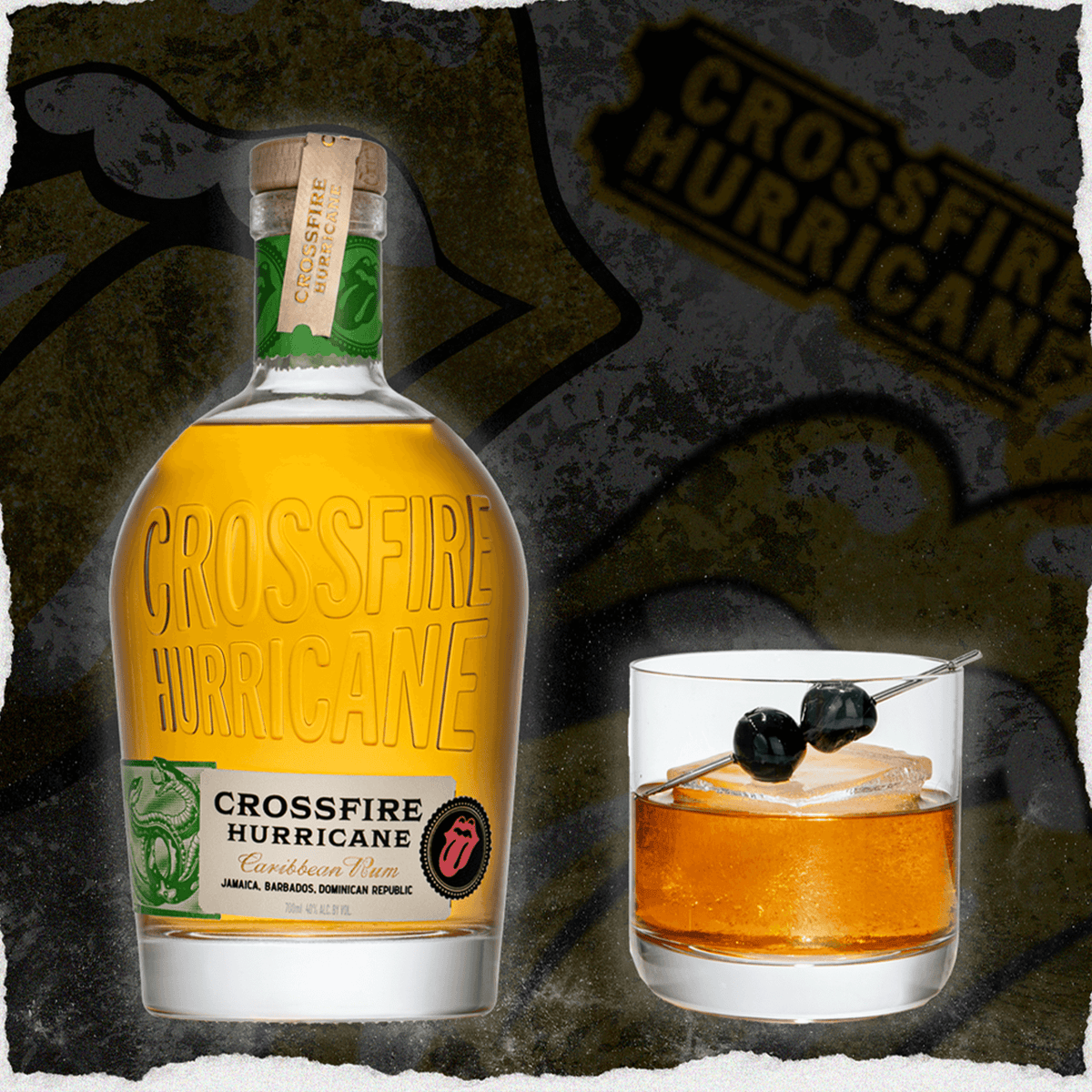 Crossfire Hurricane Caribbean Rum with a glass of rum cocktail garnished with black cherries, showcasing its vibrant flavor.