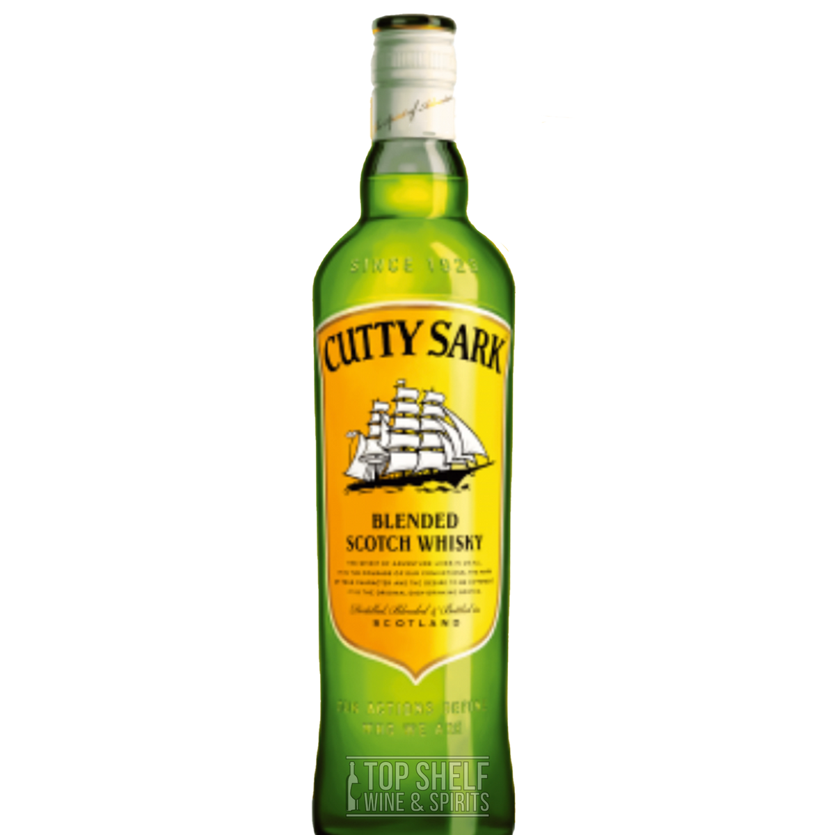 Cutty Sark Blended Scotch Whisky bottle with iconic green label and ship logo, showcasing its smooth flavor profile.
