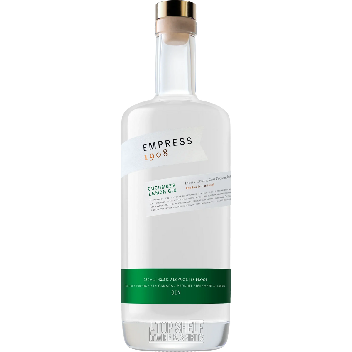 Empress 1908 Cucumber Lemon Gin bottle showcasing fresh cucumber and citrus flavors, crafted with eight botanicals.