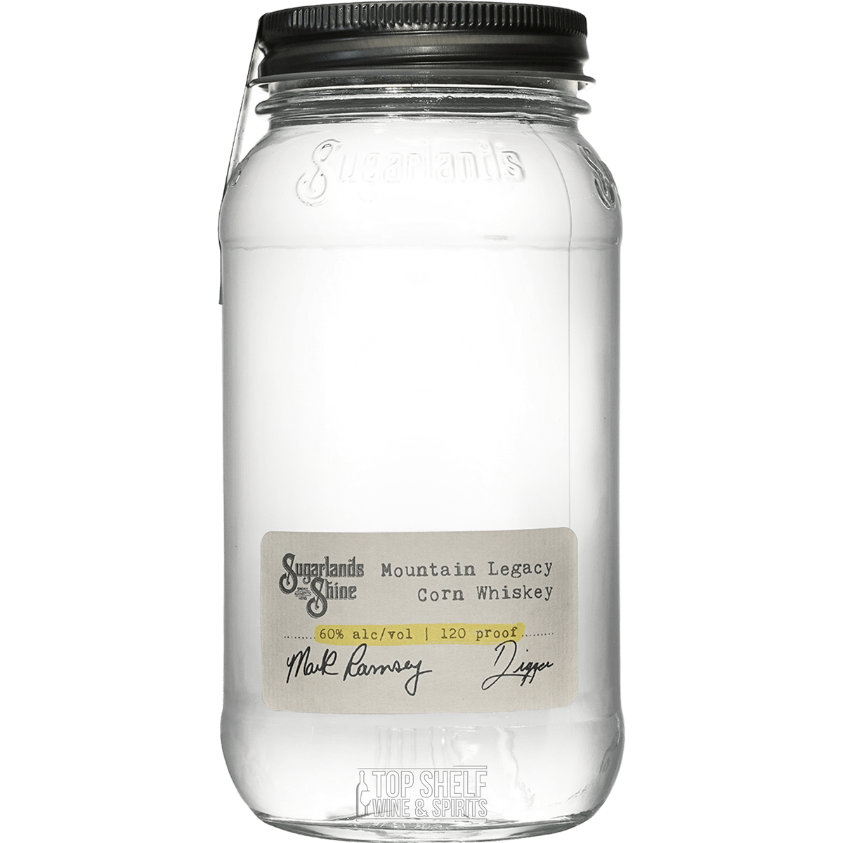 Sugarlands Mountain Legacy Corn Whiskey in a mason jar, showcasing its authentic Appalachian moonshine heritage.