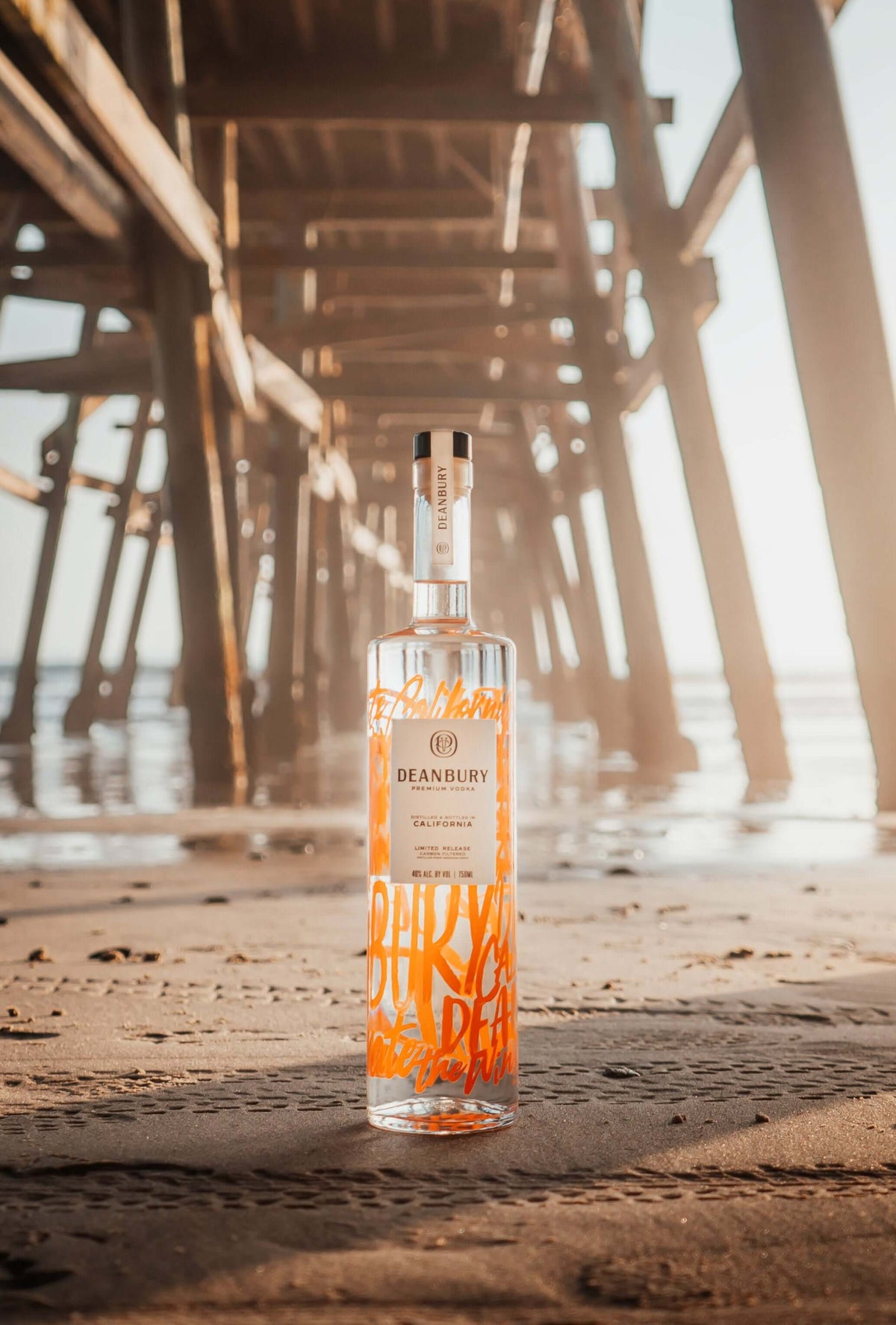 Deanbury Premium Vodka bottle on sandy beach beneath a pier, showcasing its unique design and smooth premium quality.