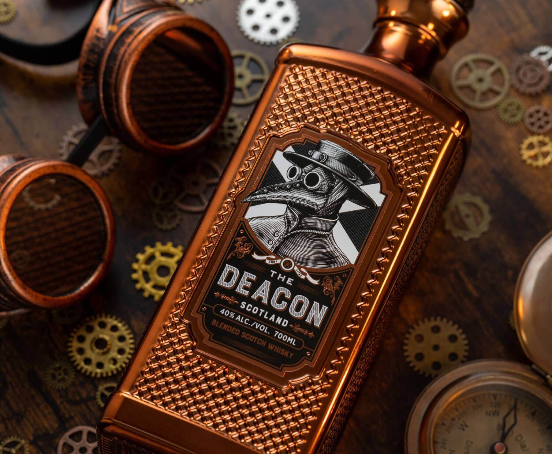 The Deacon Scotland Blended Scotch Whisky bottle with unique design and intricate label, showcasing bold craftsmanship.