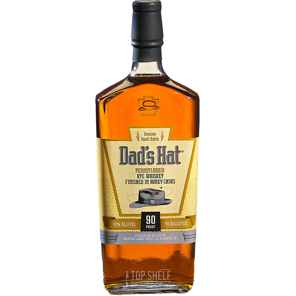 Dad's Hat Honey Cask Finish Rye Whiskey bottle showcasing its unique amber color and label with 90 proof details.