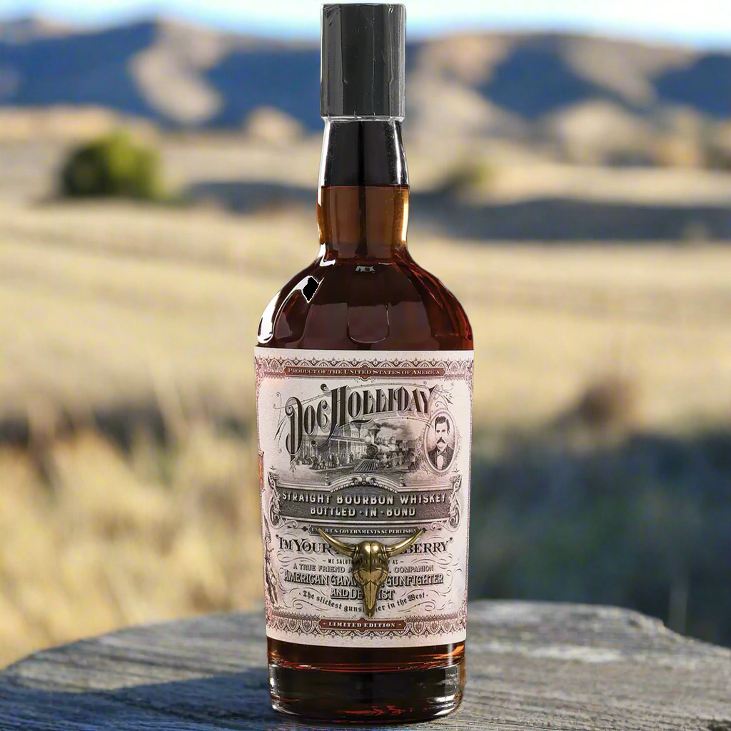 Doc Holliday Bottled in Bond Straight Bourbon whiskey bottle with outdoor background showcasing Wild West theme.