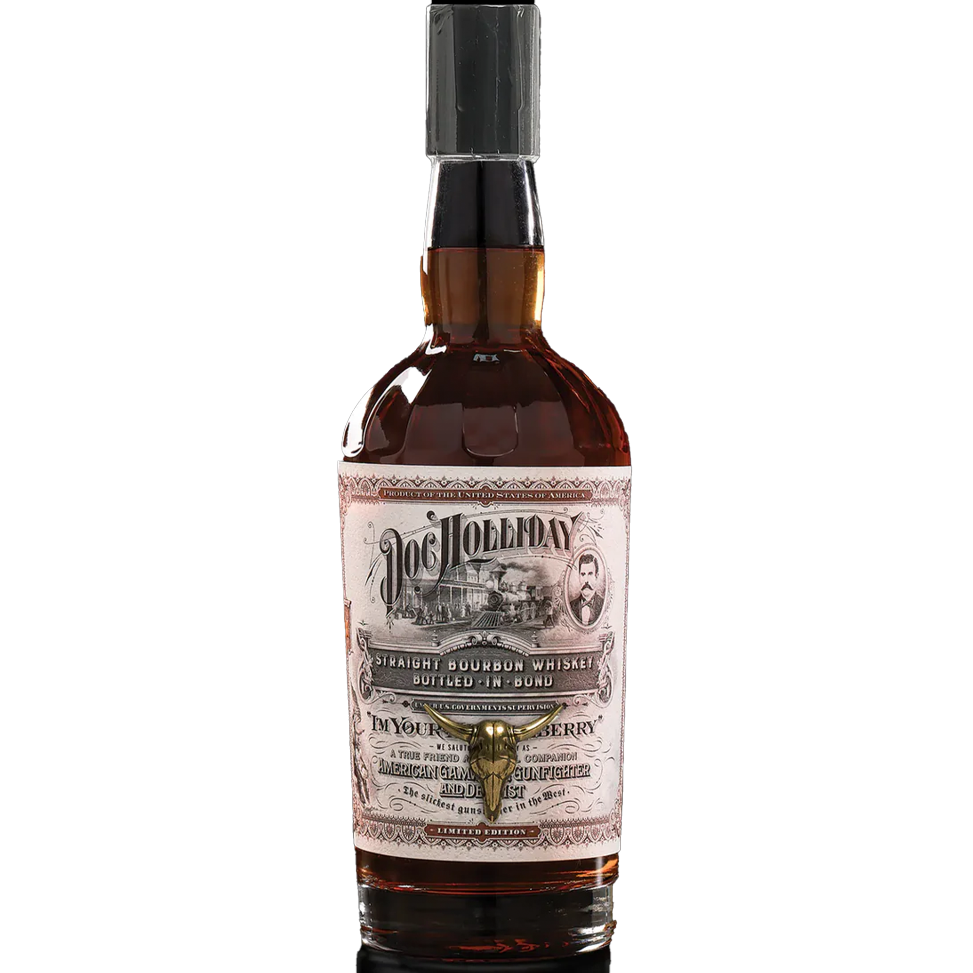 Doc Holliday Bottled in Bond Straight Bourbon Whiskey bottle with vintage label and bull skull design.