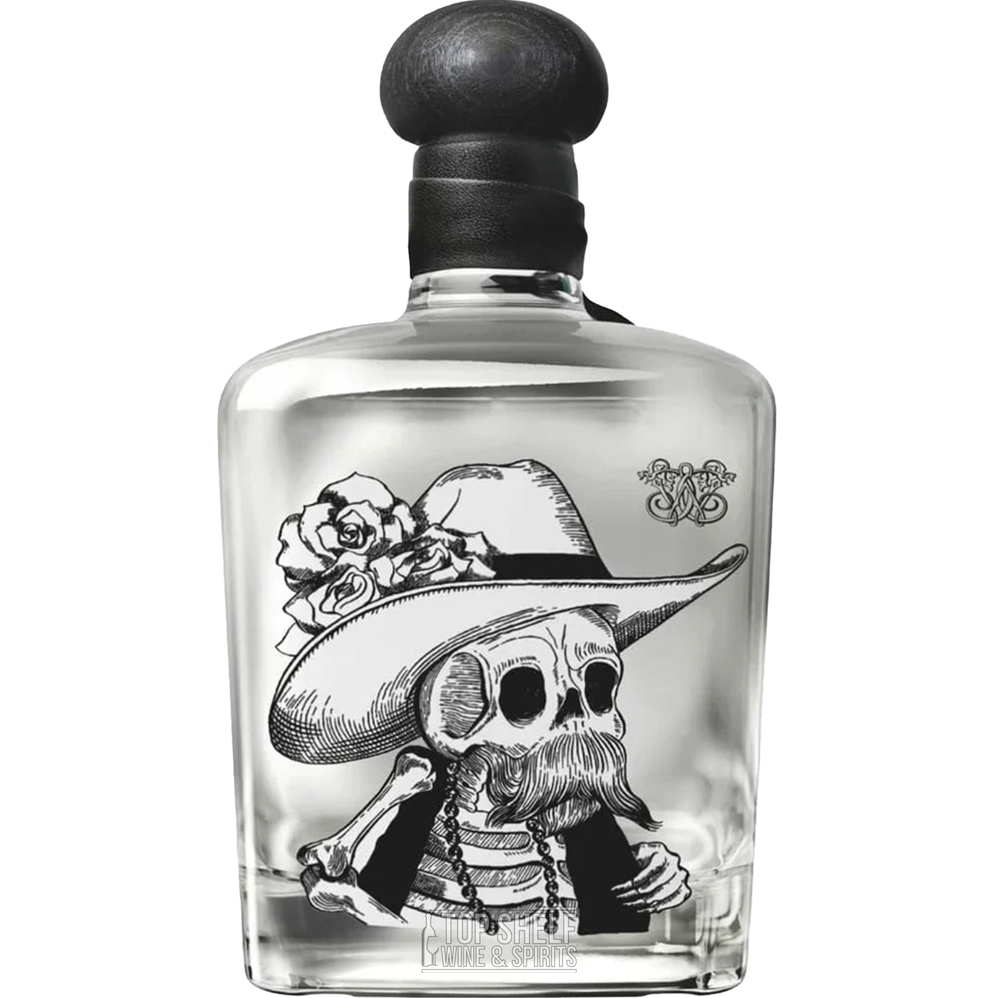 Artistic bottle design of Don Julio 70 Dia De Los Muertos Tequila, featuring a decorative skull and sombrero.