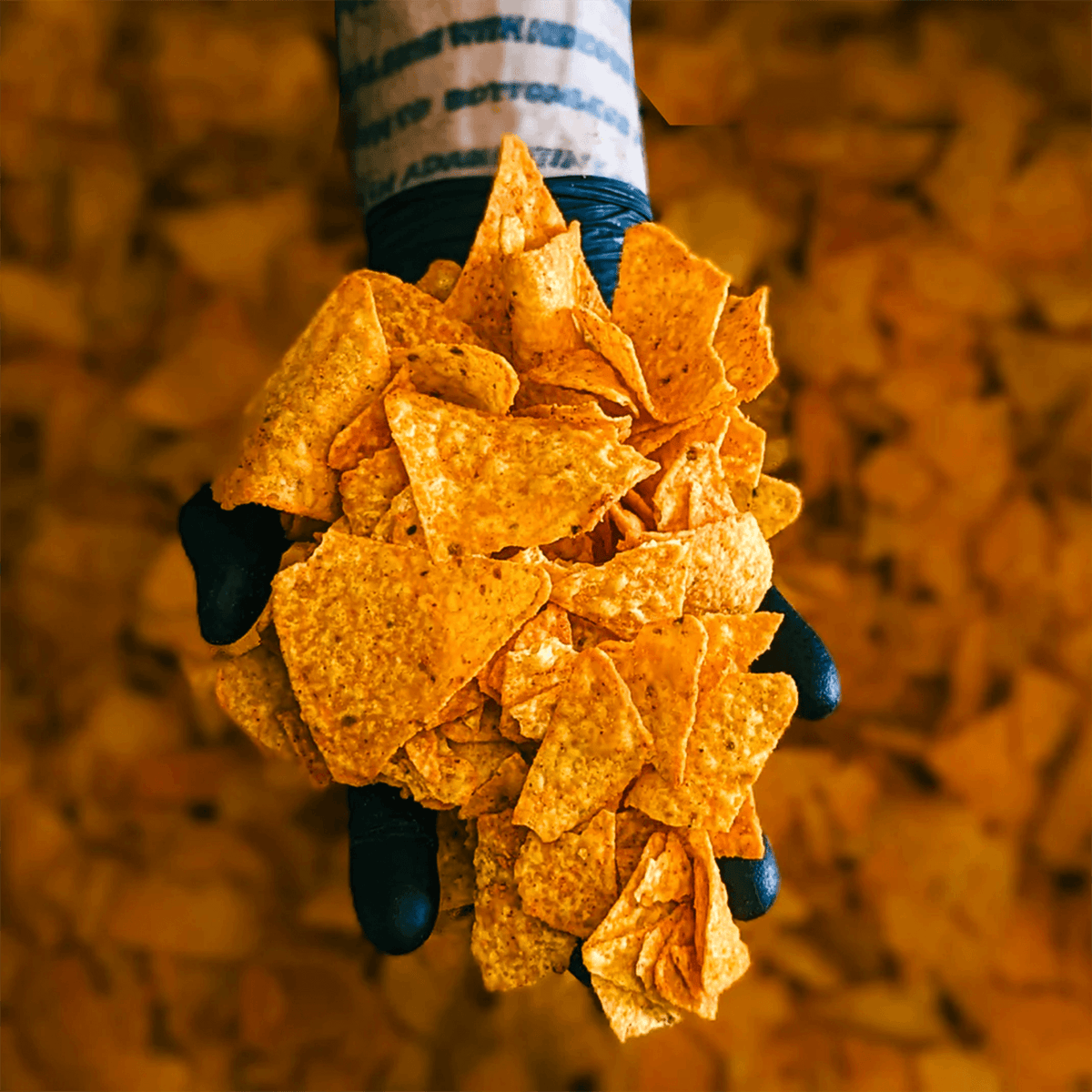 A hand wearing a glove holds a pile of vibrant orange nacho cheese tortilla chips.