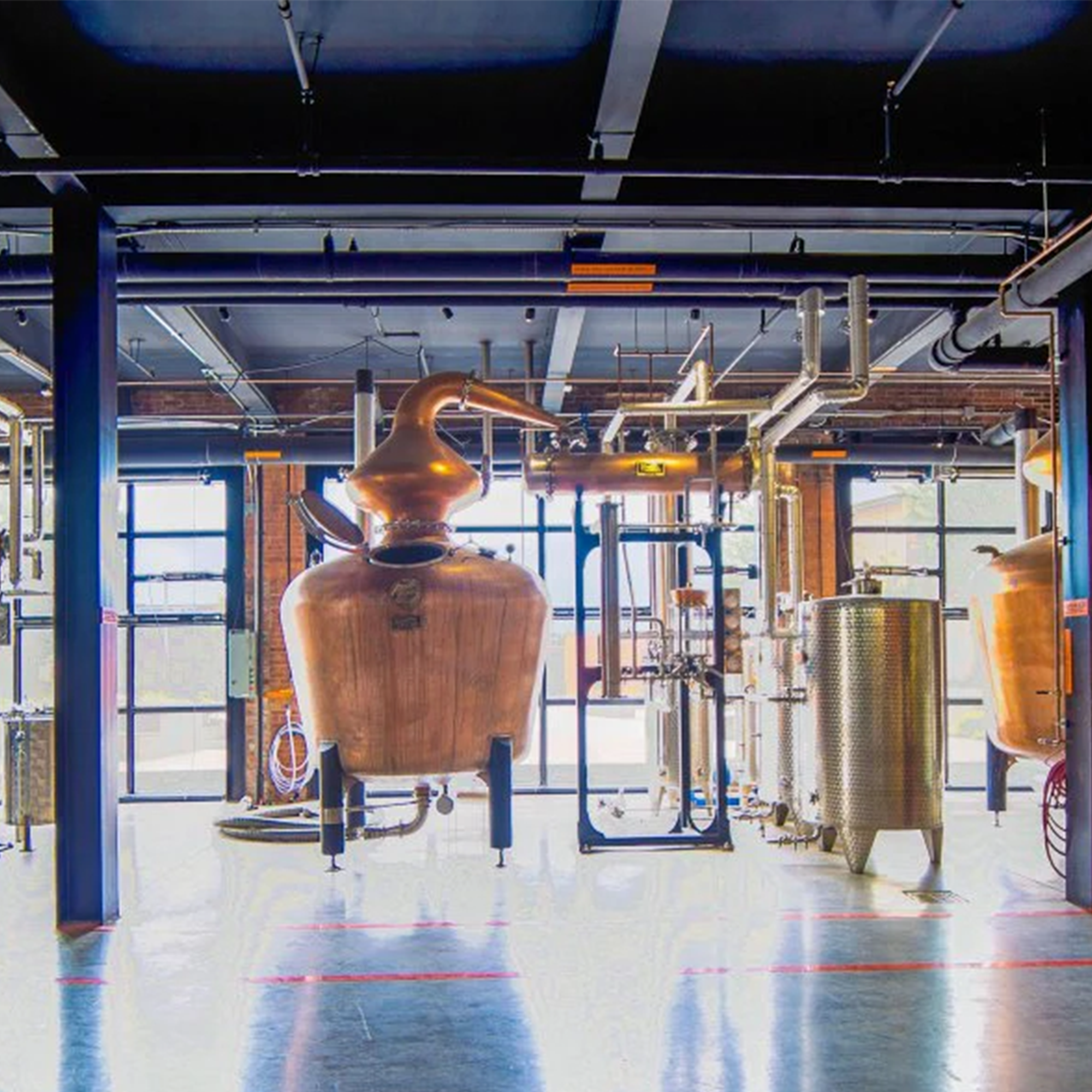 Copper distillation equipment in a modern craft distillery showcasing alembic pot stills.