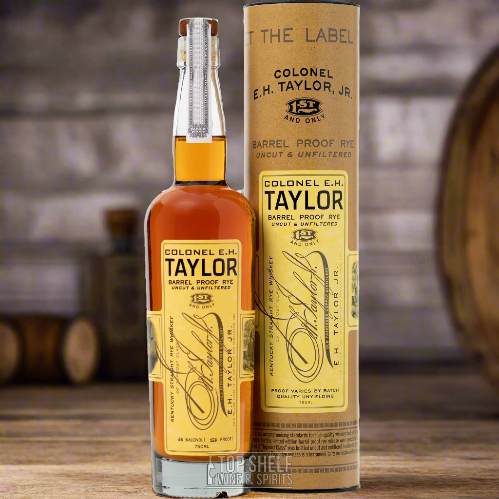 Bottle of Colonel E.H. Taylor Barrel Proof Rye Whiskey, uncut and unfiltered, presented with packaging.
