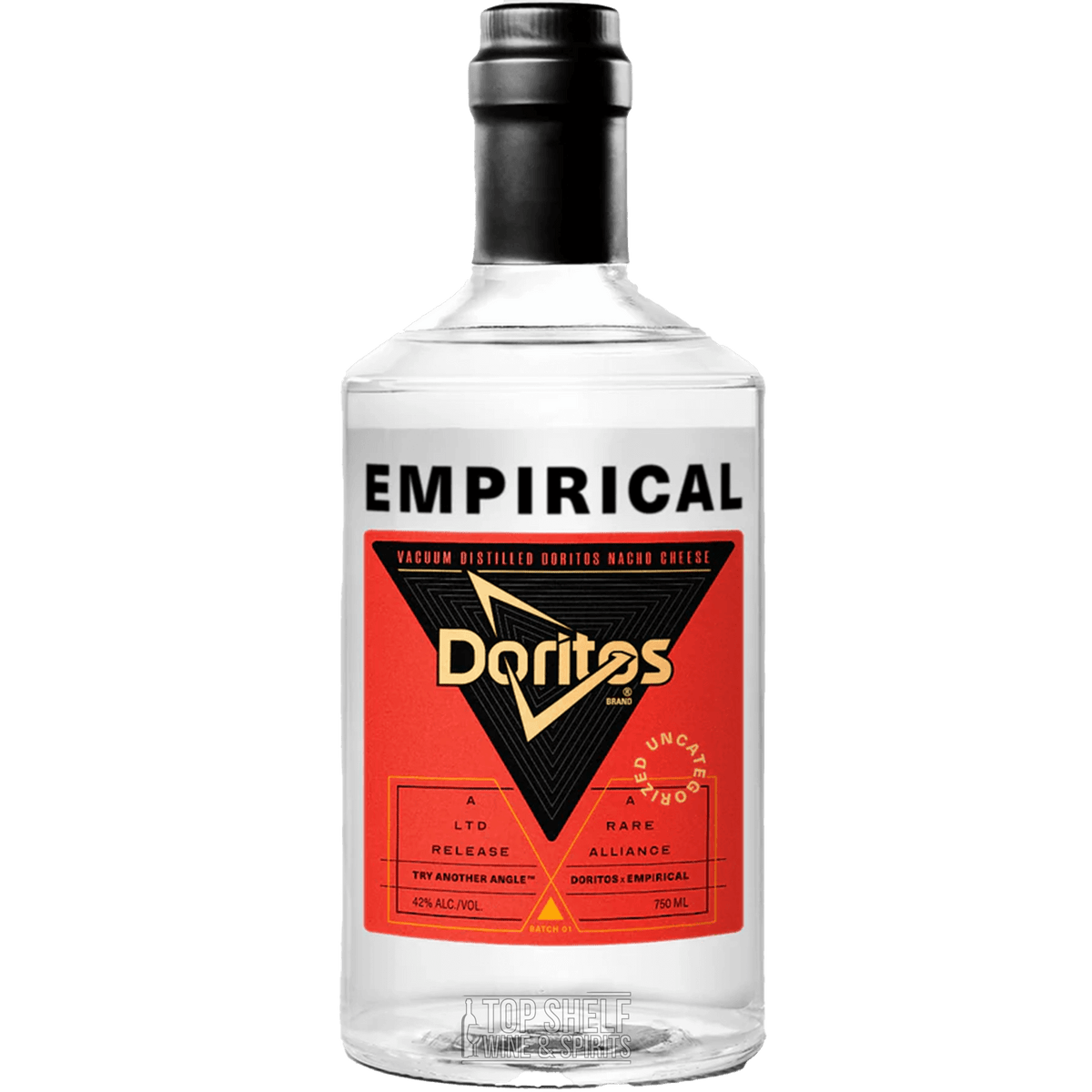 Empirical x Doritos Nacho Cheese Vacuum Distilled Spirit bottle showcasing unique collaboration flavor.
