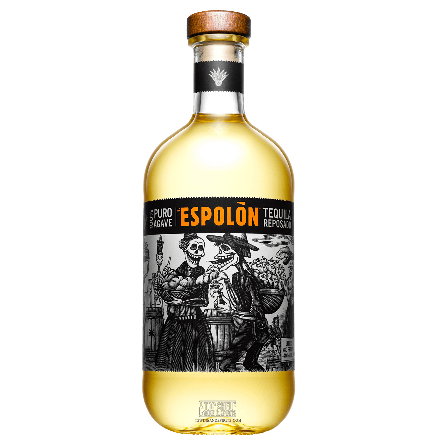 Espolòn Reposado Tequila bottle with vibrant label and skeleton artwork, showcasing its rich golden hue.