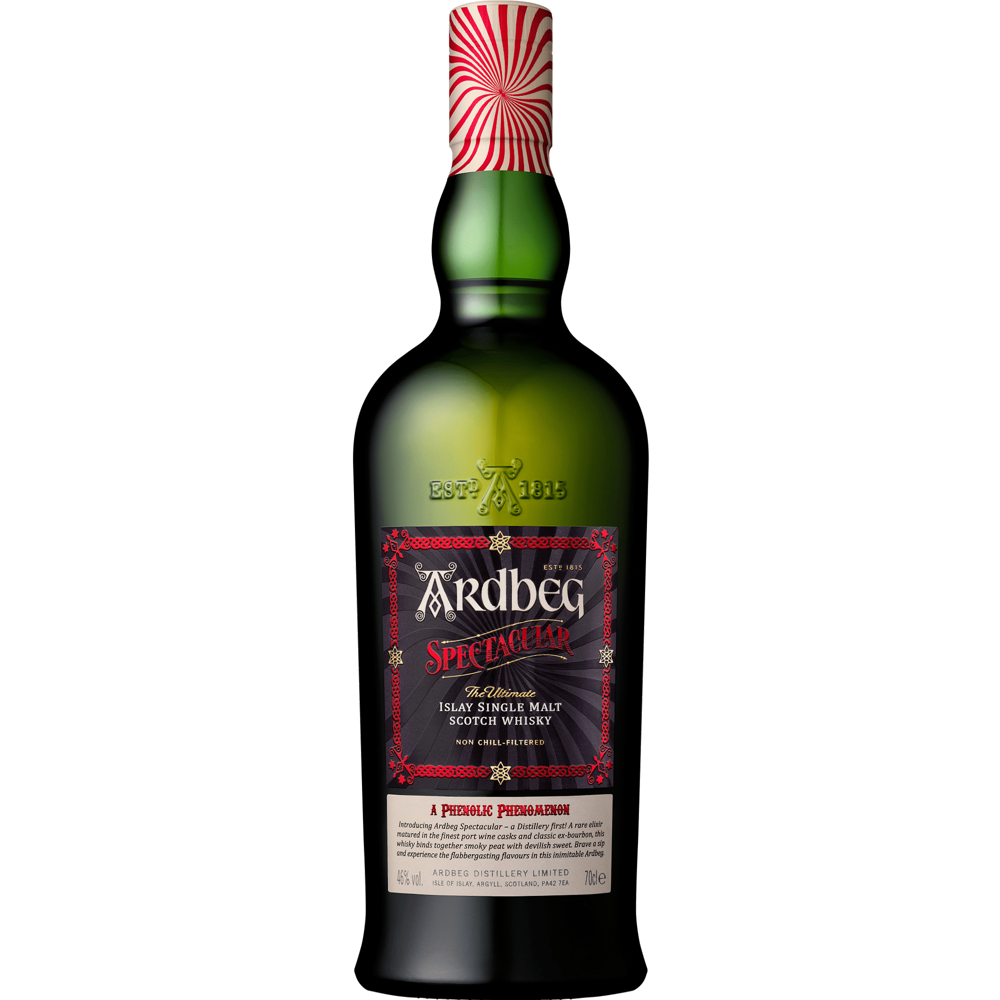 Ardbeg Spectacular Islay Single Malt Scotch whisky bottle with vibrant label and unique red and white cap.