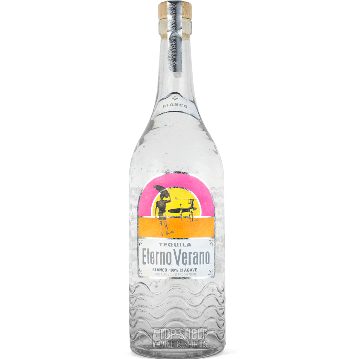 Eterno Verano Blanco Tequila bottle featuring vibrant label and clear tequila, made from 100% Blue Weber agaves.