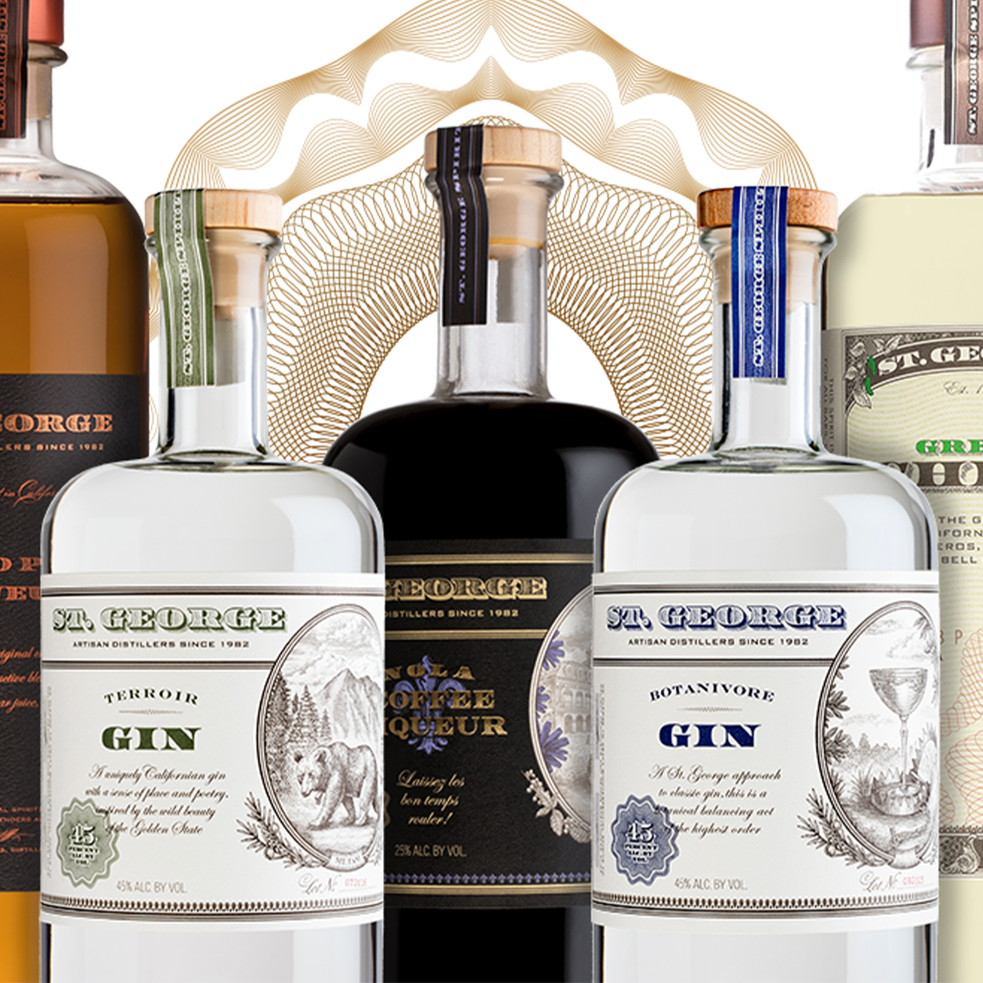 Collection of St. George spirits including gin and liqueur with stylish labels, showcasing artisan distilling excellence.