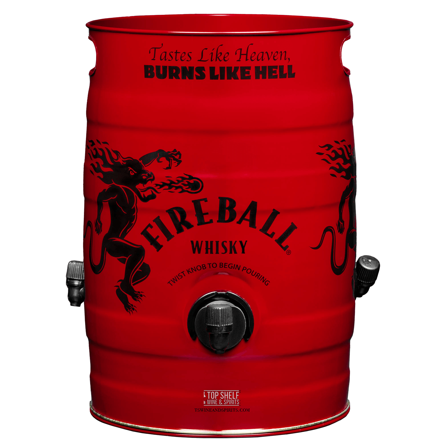 Fireball Whiskey Fire Keg 5.25 liters with three spouts, perfect for parties and tailgating.