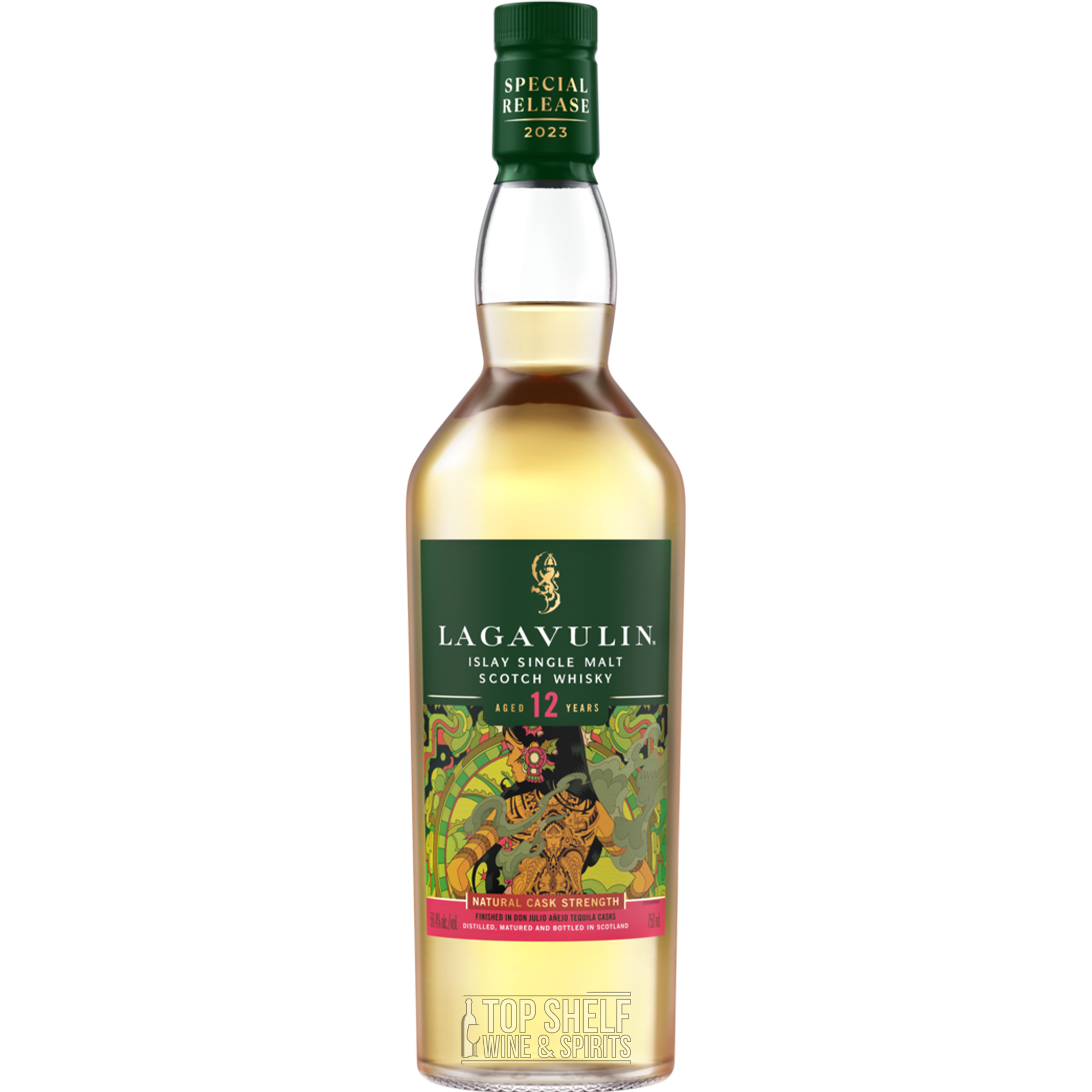 Lagavulin 12 Year 2023 Special Release Single Malt Scotch Whisky bottle showcasing intricate tattoo-inspired design.