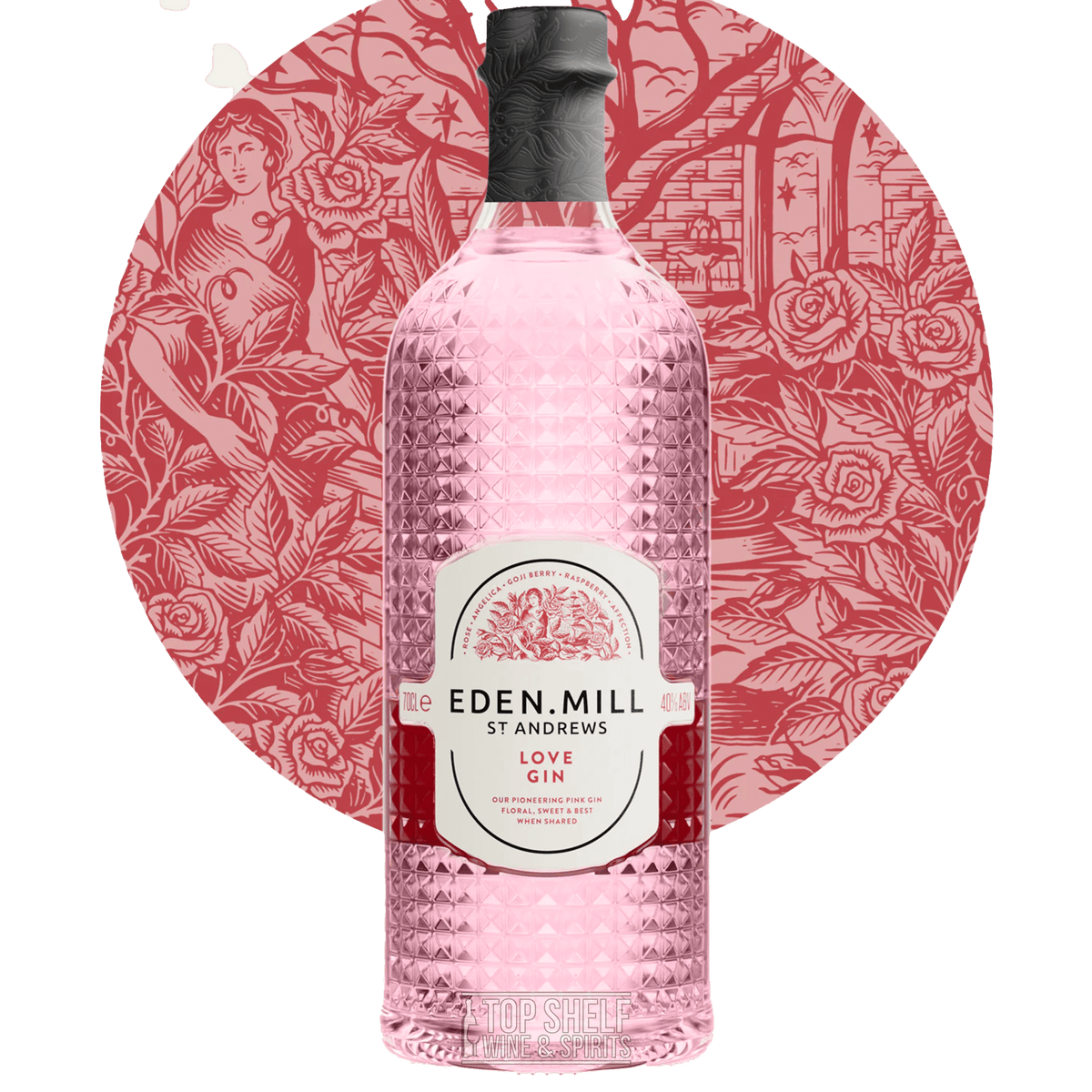 Eden Mill St Andrews Love Gin 700ml bottle with floral design backdrop, featuring pink hues and a decorative label.