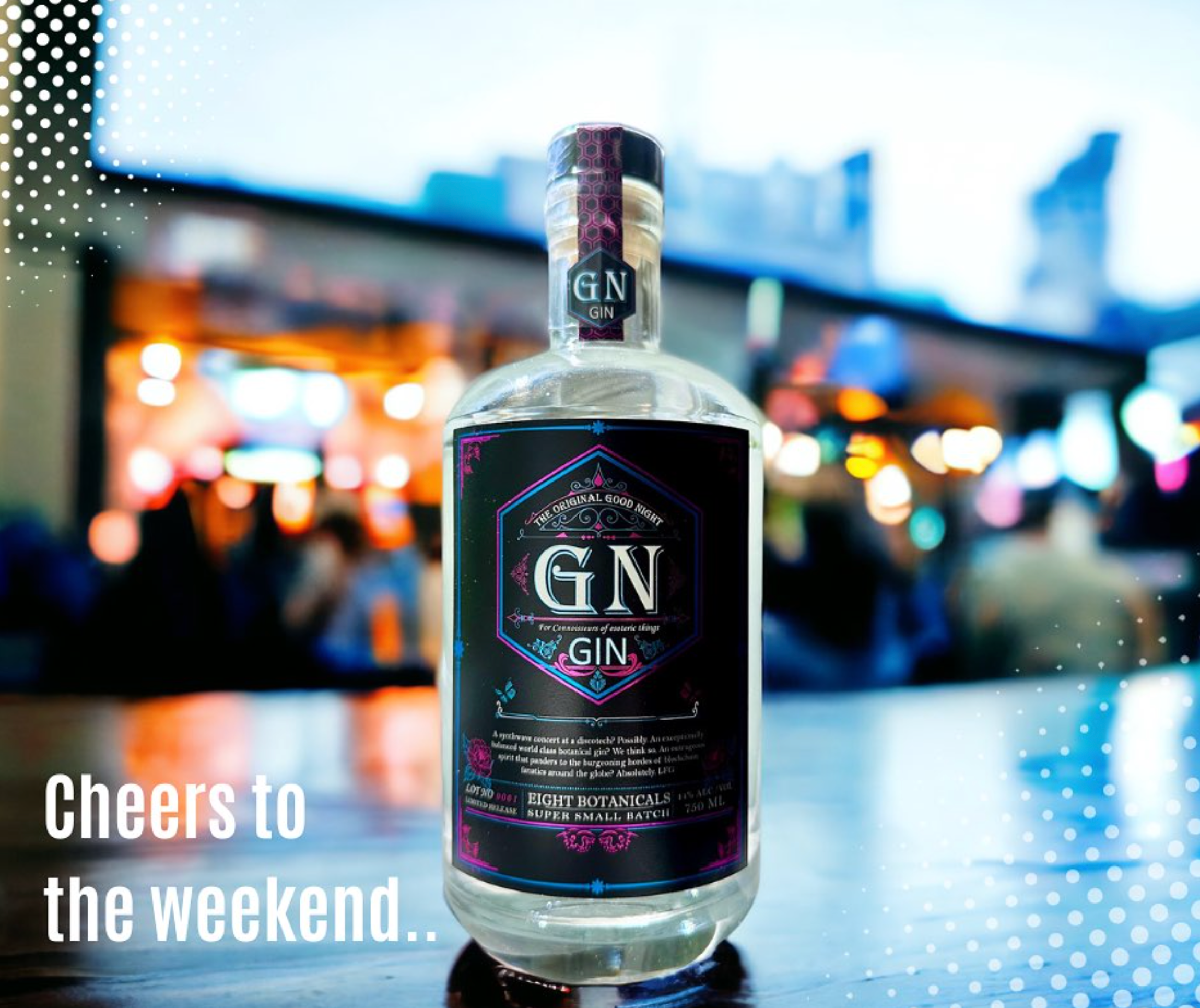 Good Night Gin bottle with vibrant background, perfect for weekend celebrations and cocktails.