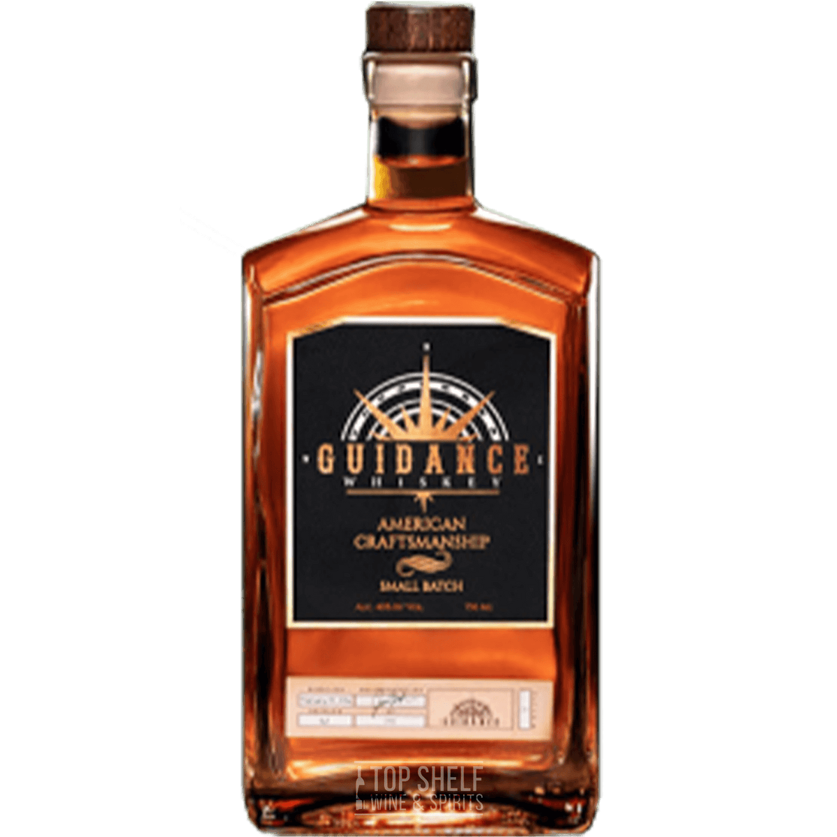 Bottle of Guidance Small Batch Whiskey, aged for 2 years with a smooth finish and hints of burnt caramel.